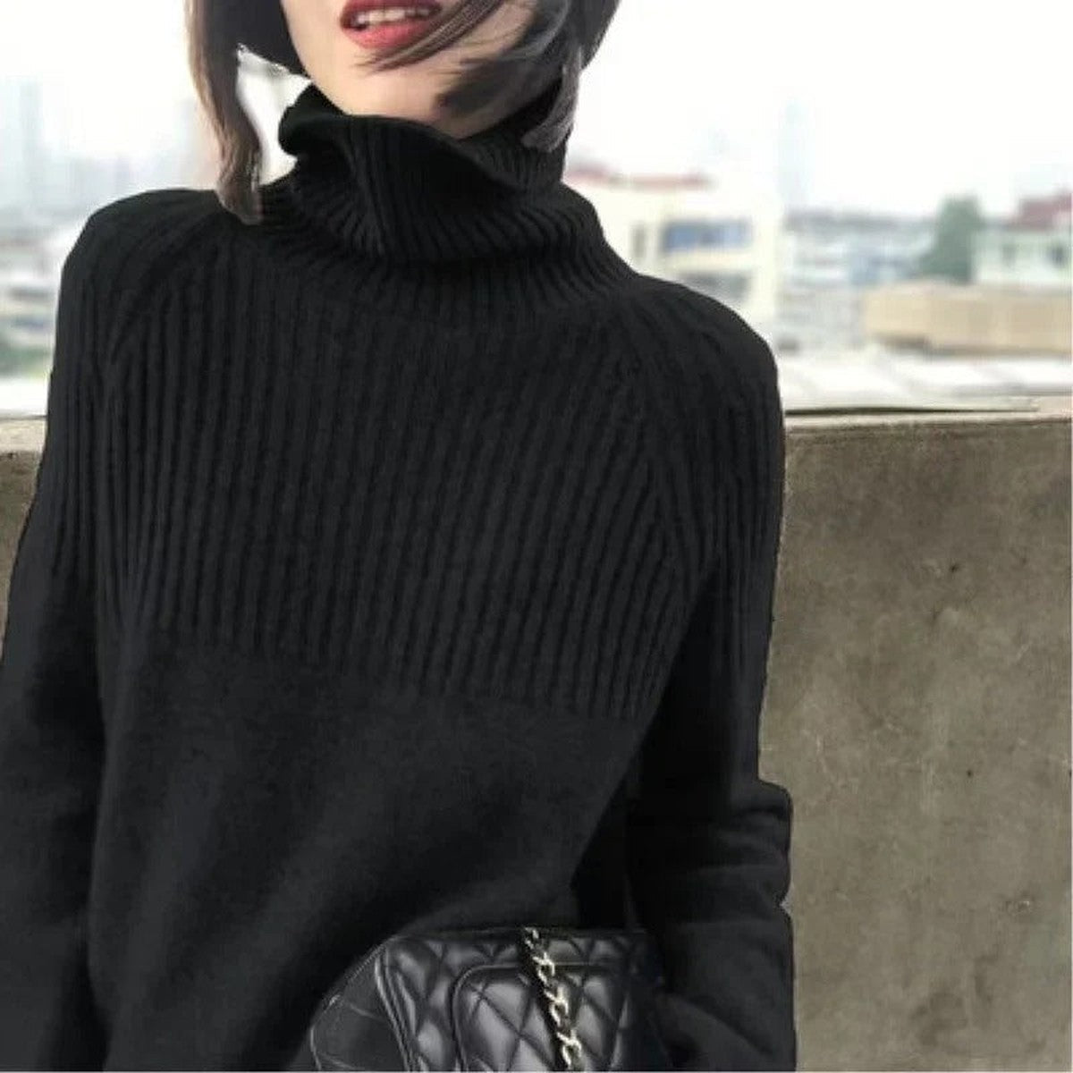 Long Sleeve Knitted Turtleneck Jumper with Ribbed Cuffs and Hem