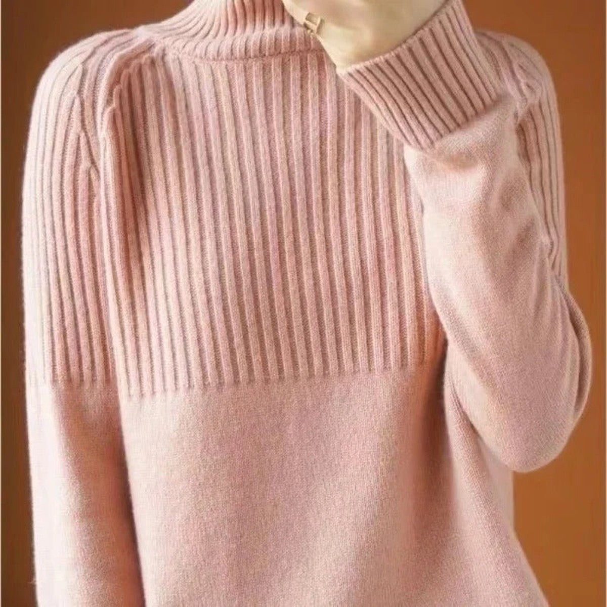 Long Sleeve Knitted Turtleneck Jumper with Ribbed Cuffs and Hem