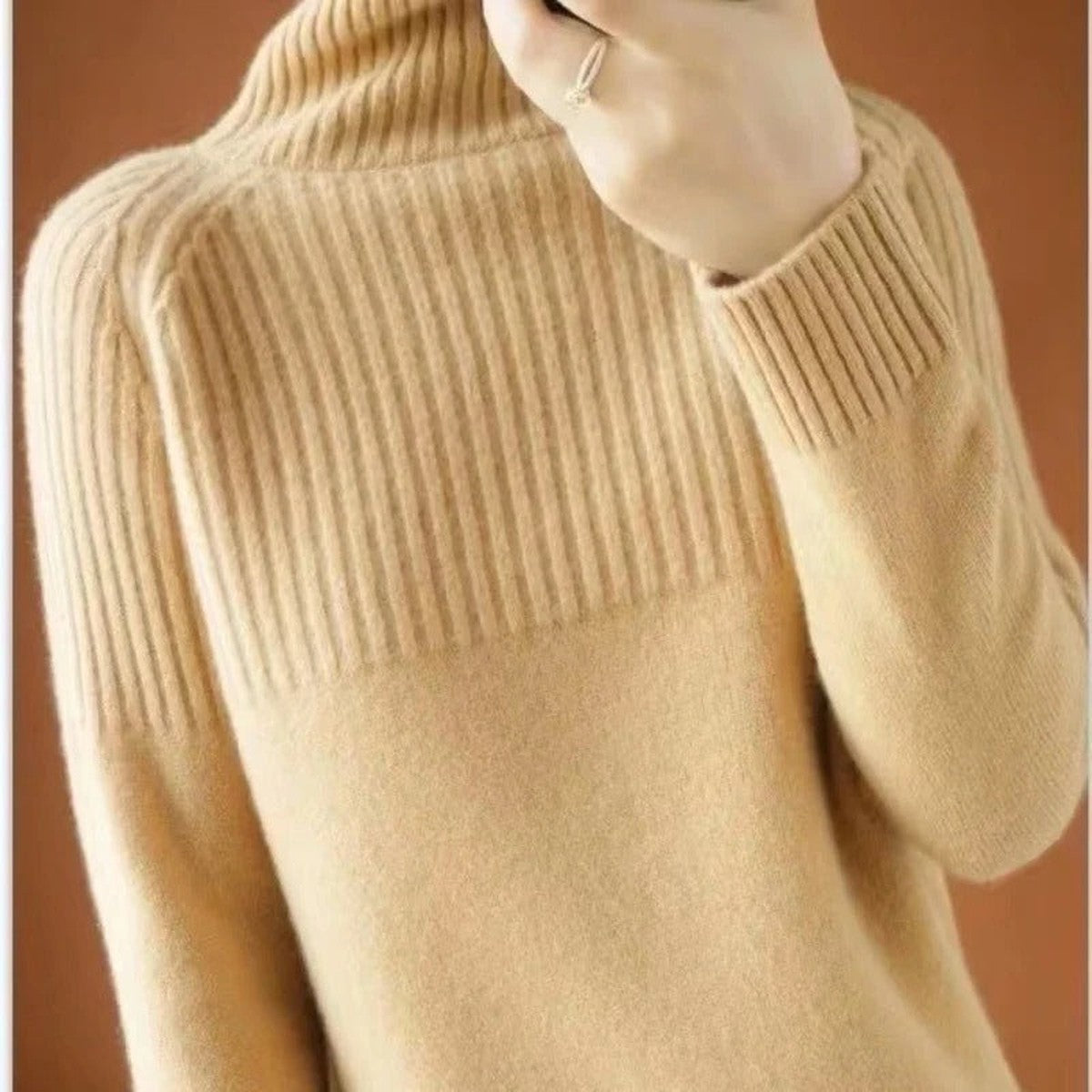 Long Sleeve Knitted Turtleneck Jumper with Ribbed Cuffs and Hem