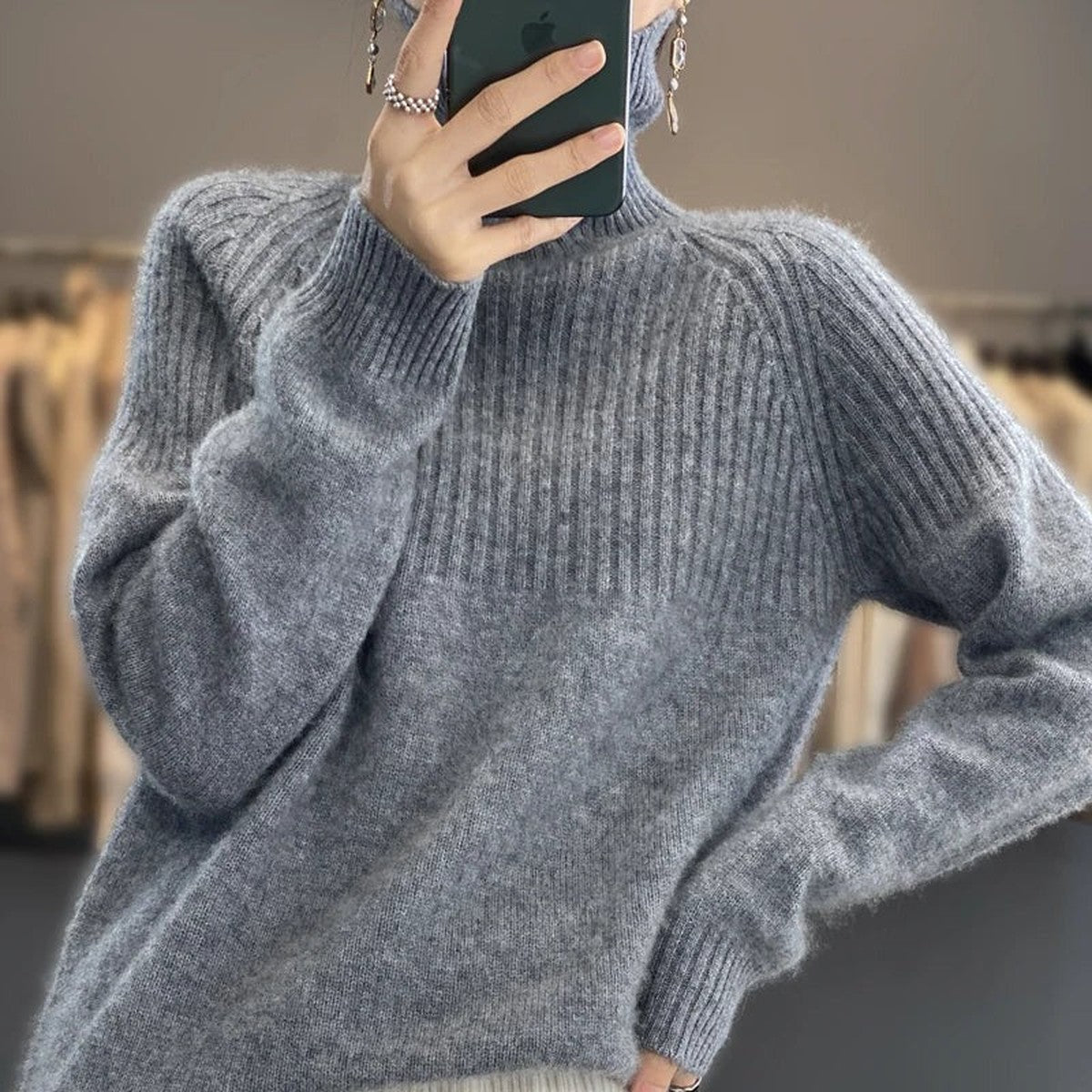 Long Sleeve Knitted Turtleneck Jumper with Ribbed Cuffs and Hem