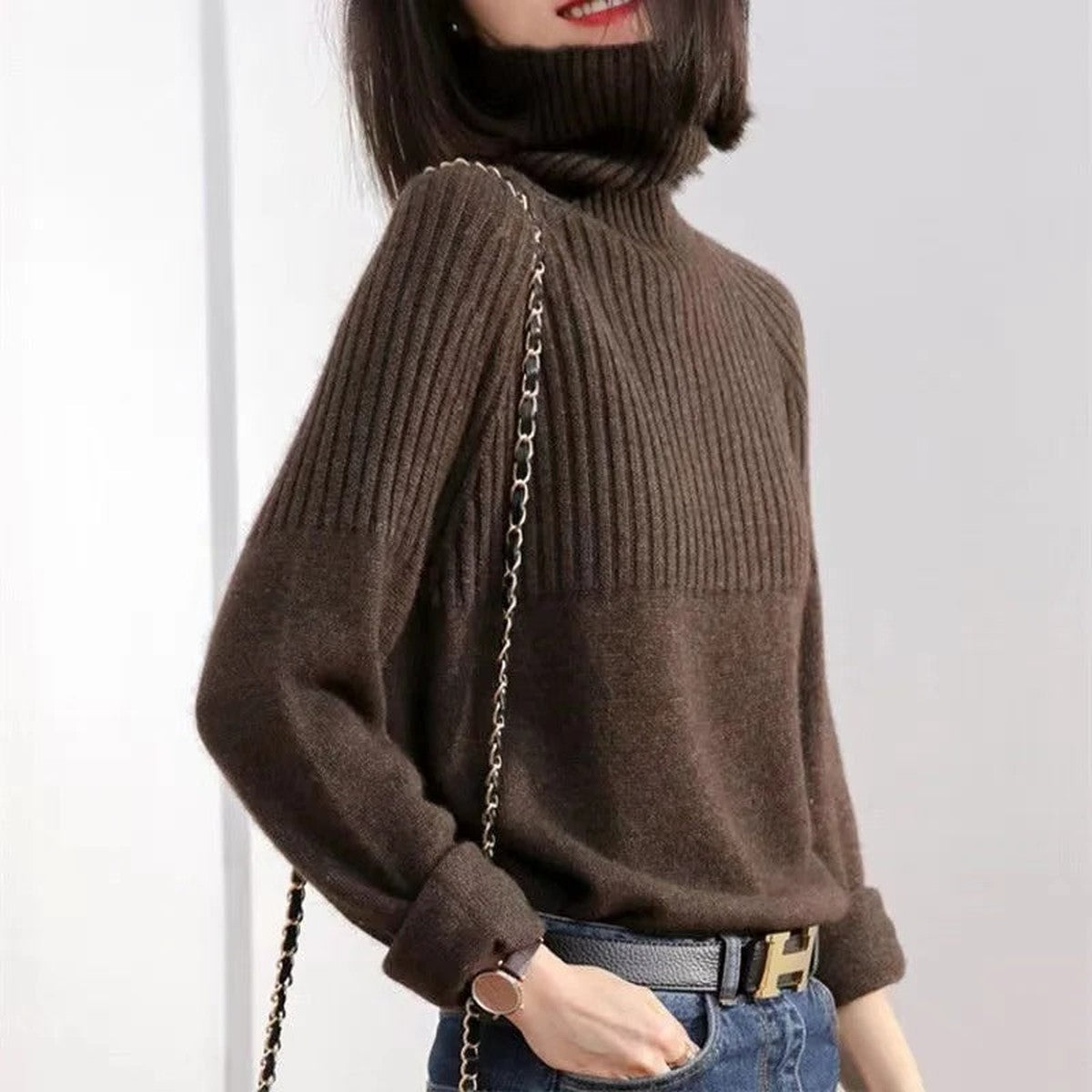 Long Sleeve Knitted Turtleneck Jumper with Ribbed Cuffs and Hem