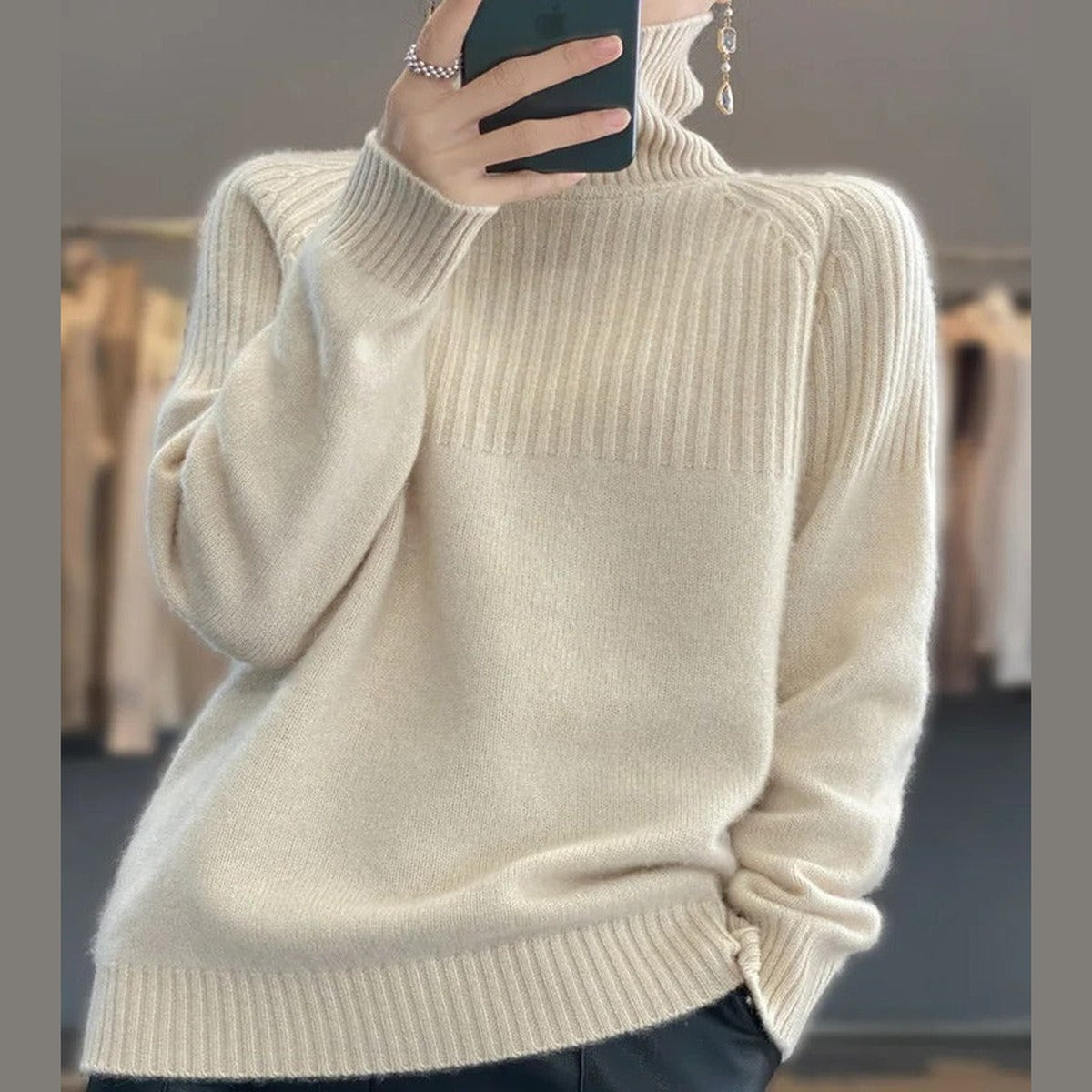 Long Sleeve Knitted Turtleneck Jumper with Ribbed Cuffs and Hem