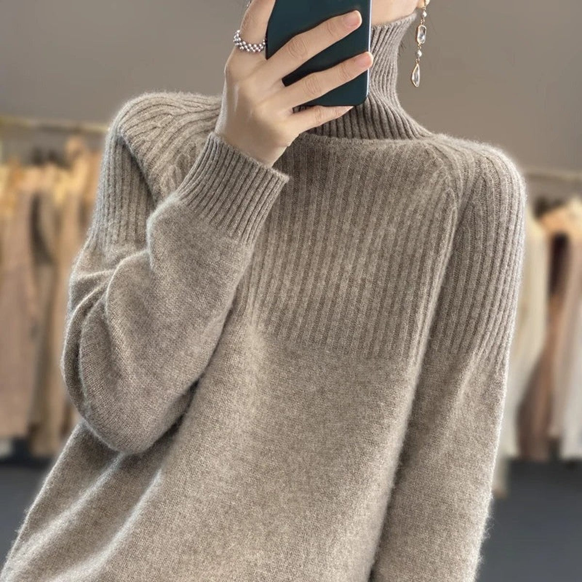 Long Sleeve Knitted Turtleneck Jumper with Ribbed Cuffs and Hem