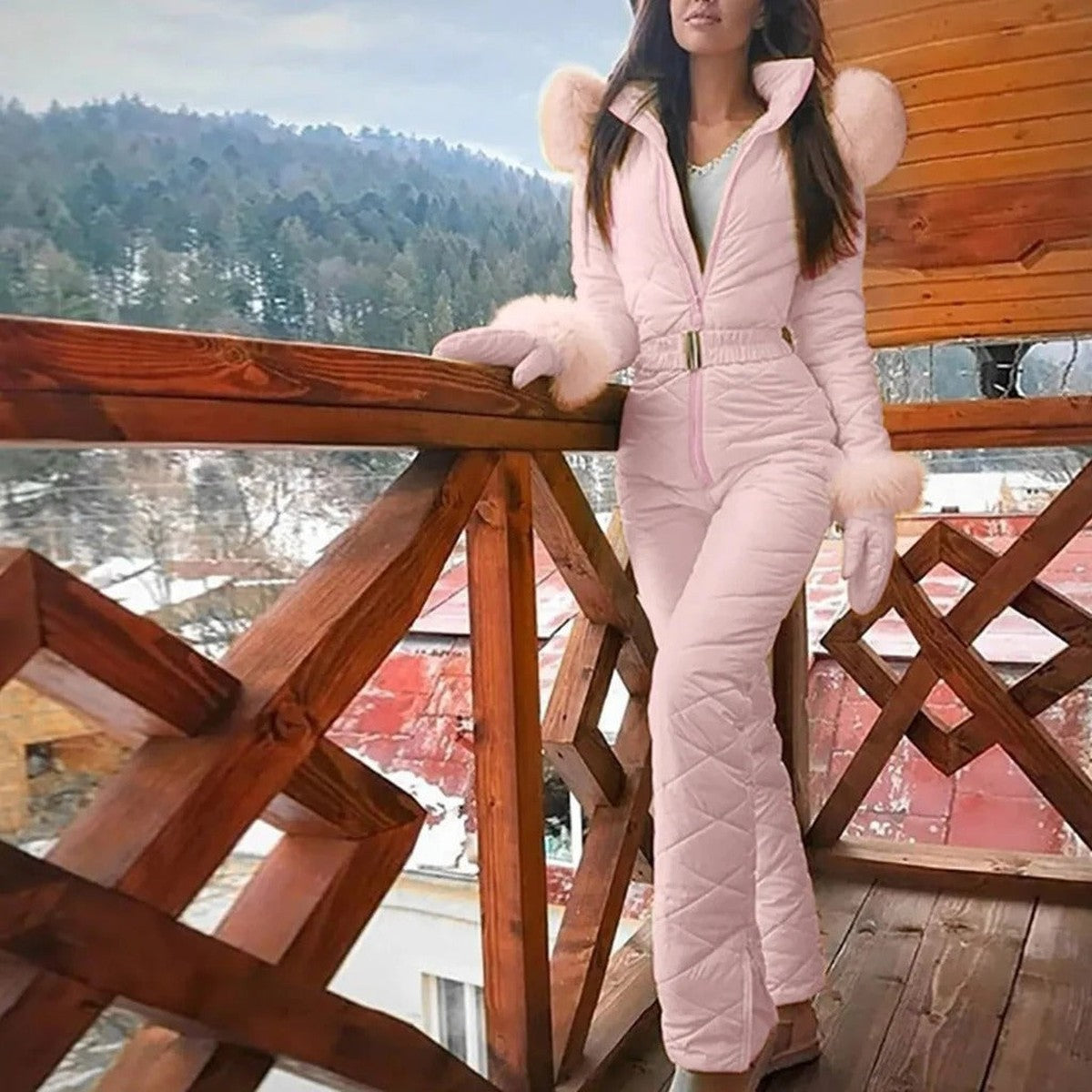 Women One Piece Snowboard Ski Suit with Removable Faux Fur Hood