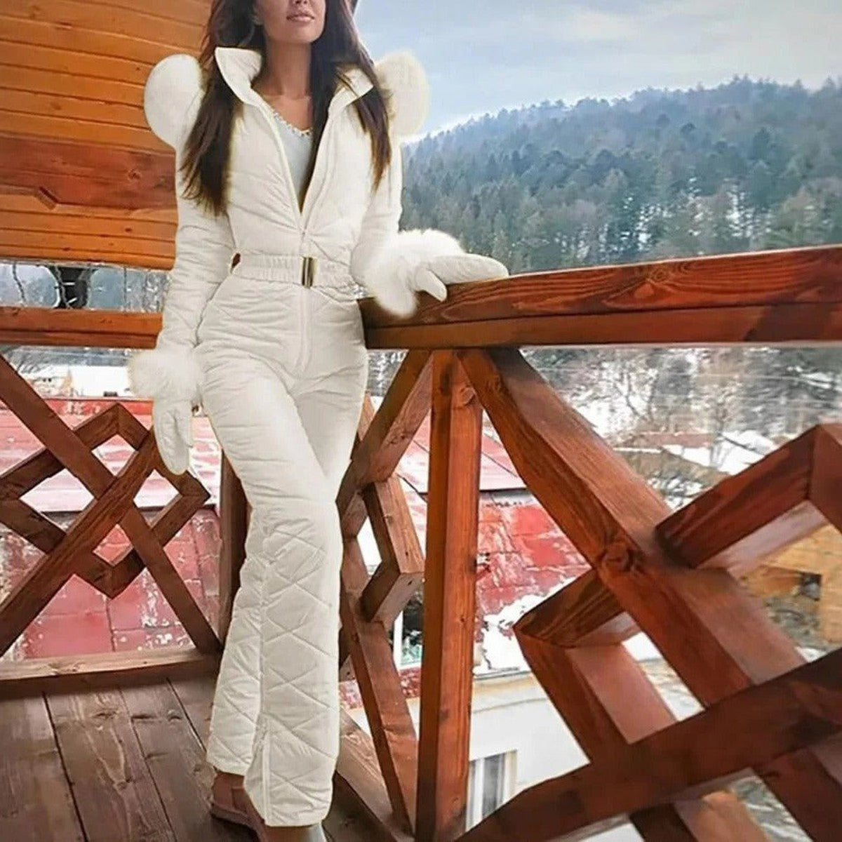 Women One Piece Snowboard Ski Suit with Removable Faux Fur Hood