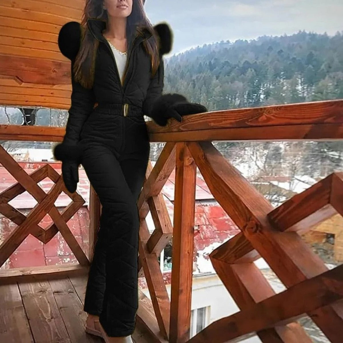 Women One Piece Snowboard Ski Suit with Removable Faux Fur Hood