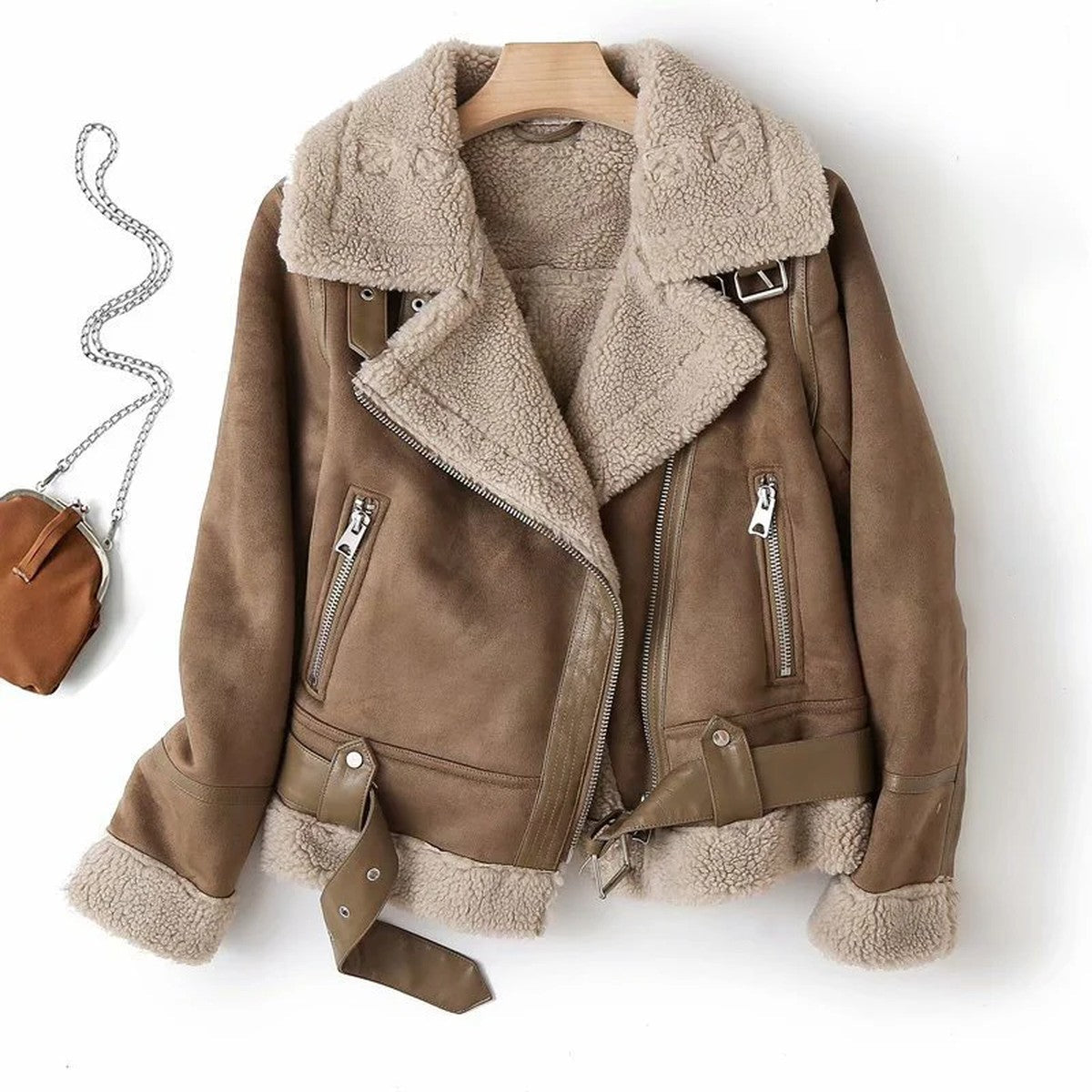 Womens Distressed Faux Leather Bomber Jacket with Ribbed Trim and Front Pockets