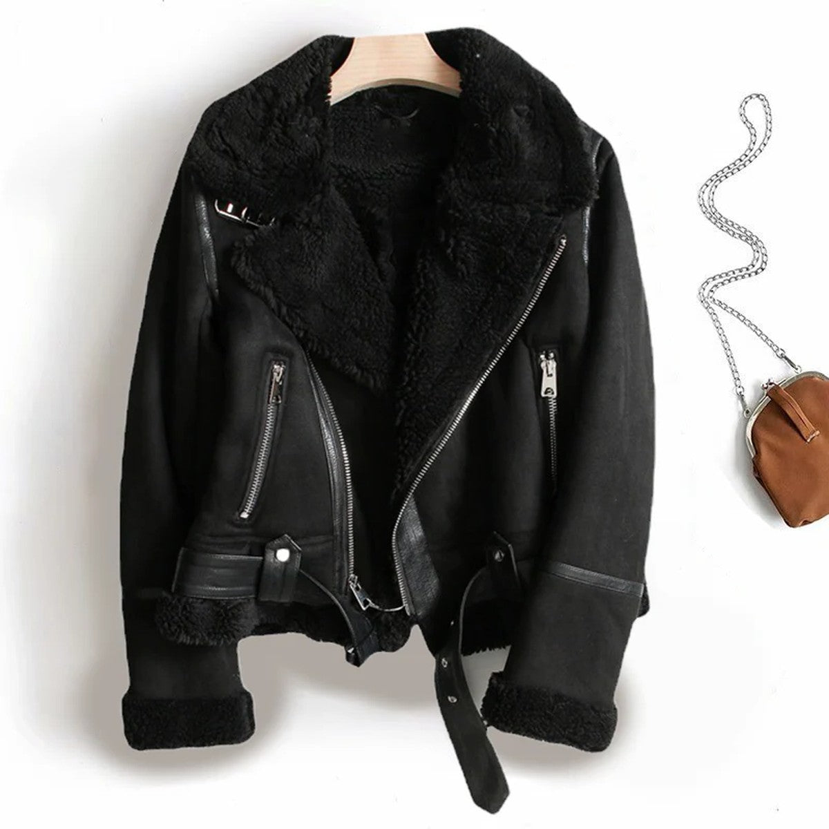 Womens Distressed Faux Leather Bomber Jacket with Ribbed Trim and Front Pockets