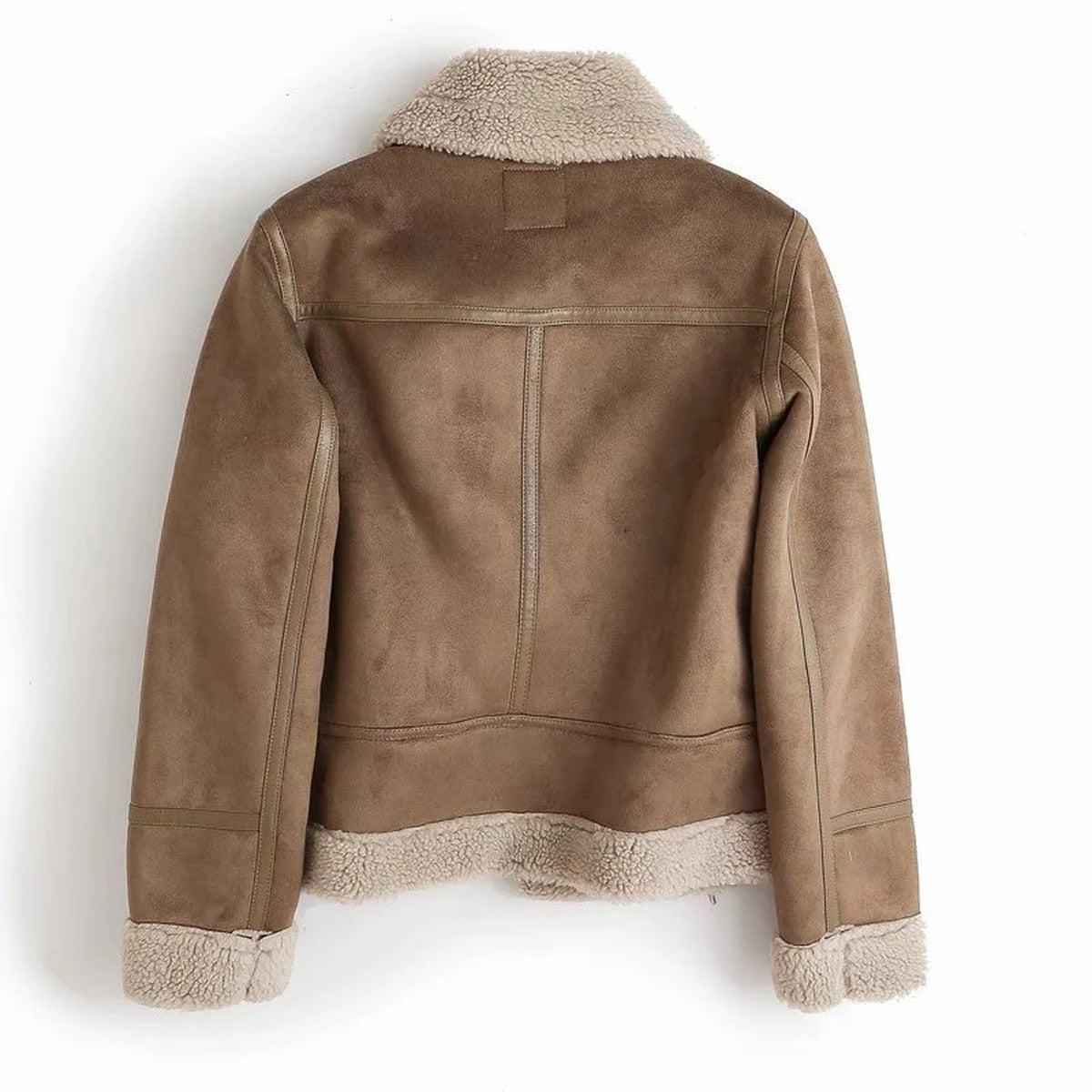 Womens Distressed Faux Leather Bomber Jacket with Ribbed Trim and Front Pockets