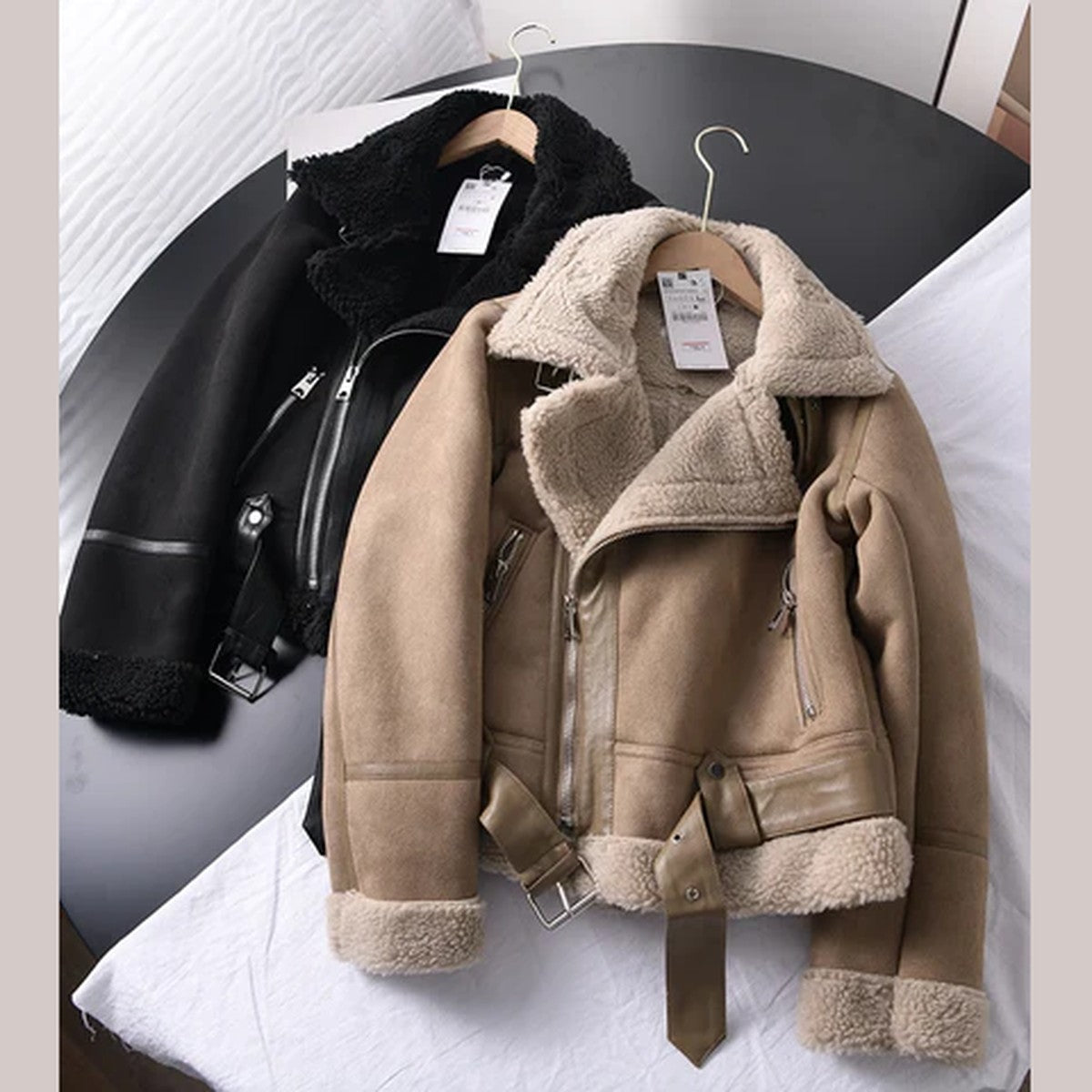 Womens Distressed Faux Leather Bomber Jacket with Ribbed Trim and Front Pockets