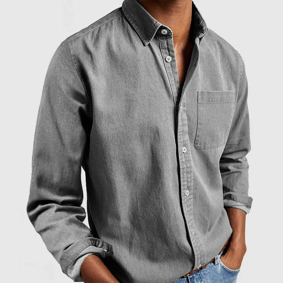 Solid Long Sleeve Business Casual Button Up Dress Shirt with Chest Pocket