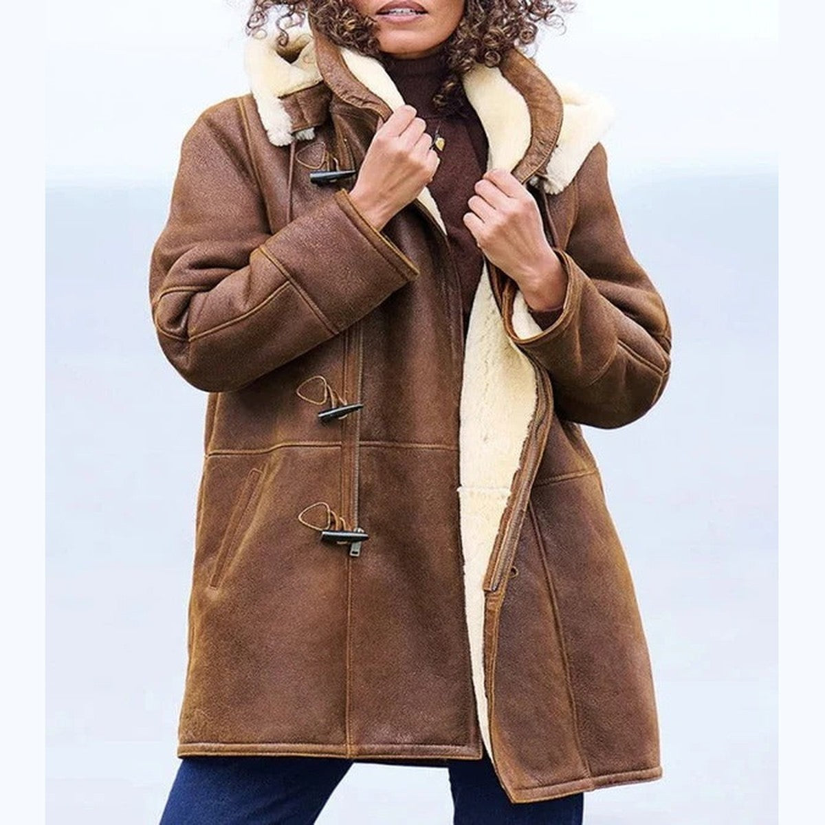 Womens Hooded Long Down Coat with Drawstring Waist and Zip Pockets