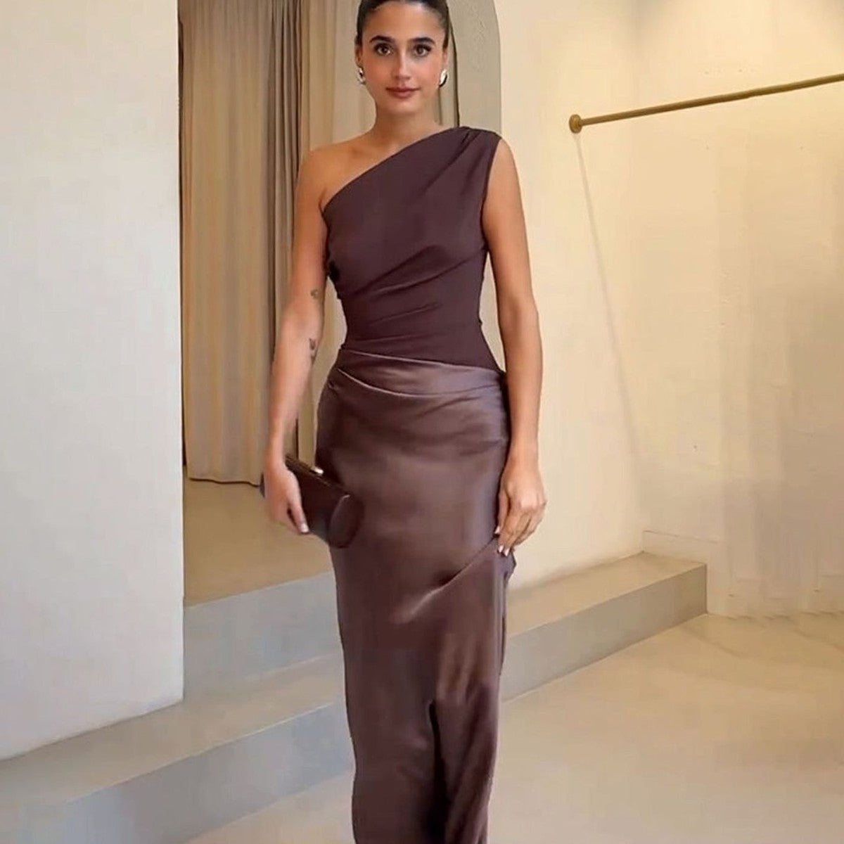 One Shoulder Satin Maxi Dress with Ruched Bodice for Formal Evening Wear