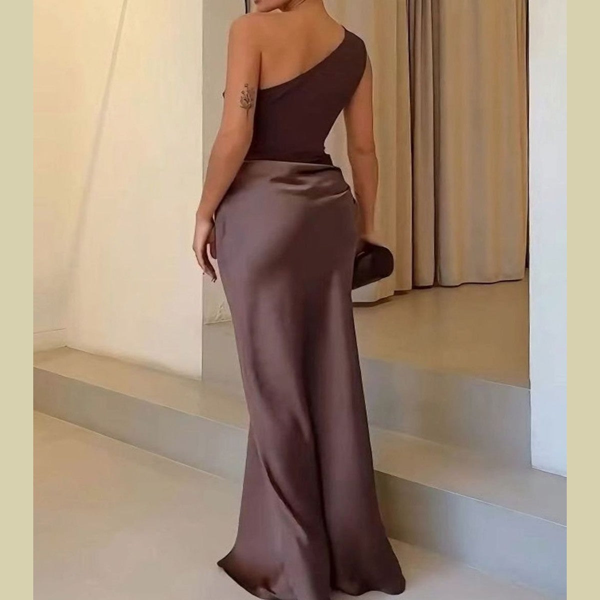 One Shoulder Satin Maxi Dress with Ruched Bodice for Formal Evening Wear