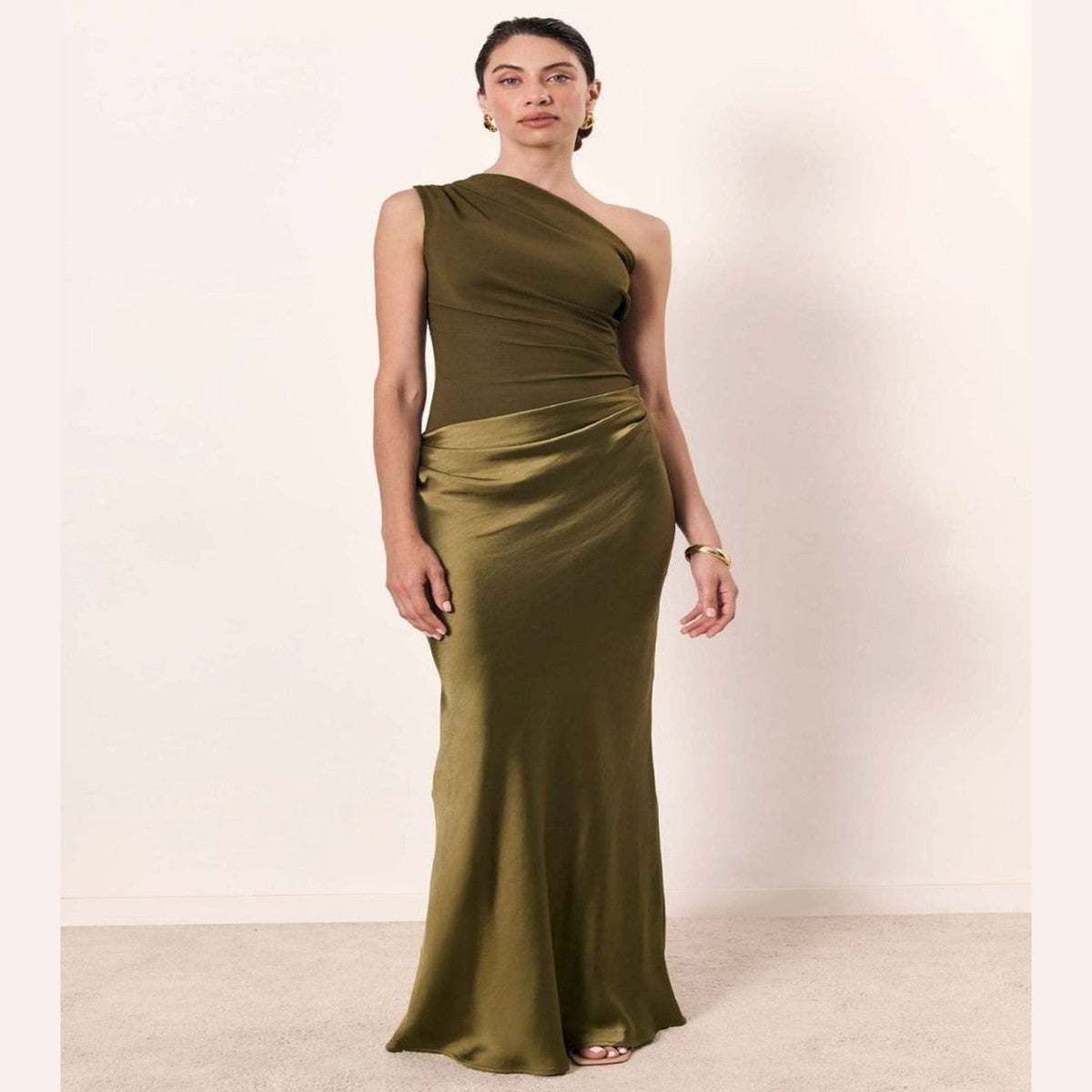 One Shoulder Satin Maxi Dress with Ruched Bodice for Formal Evening Wear