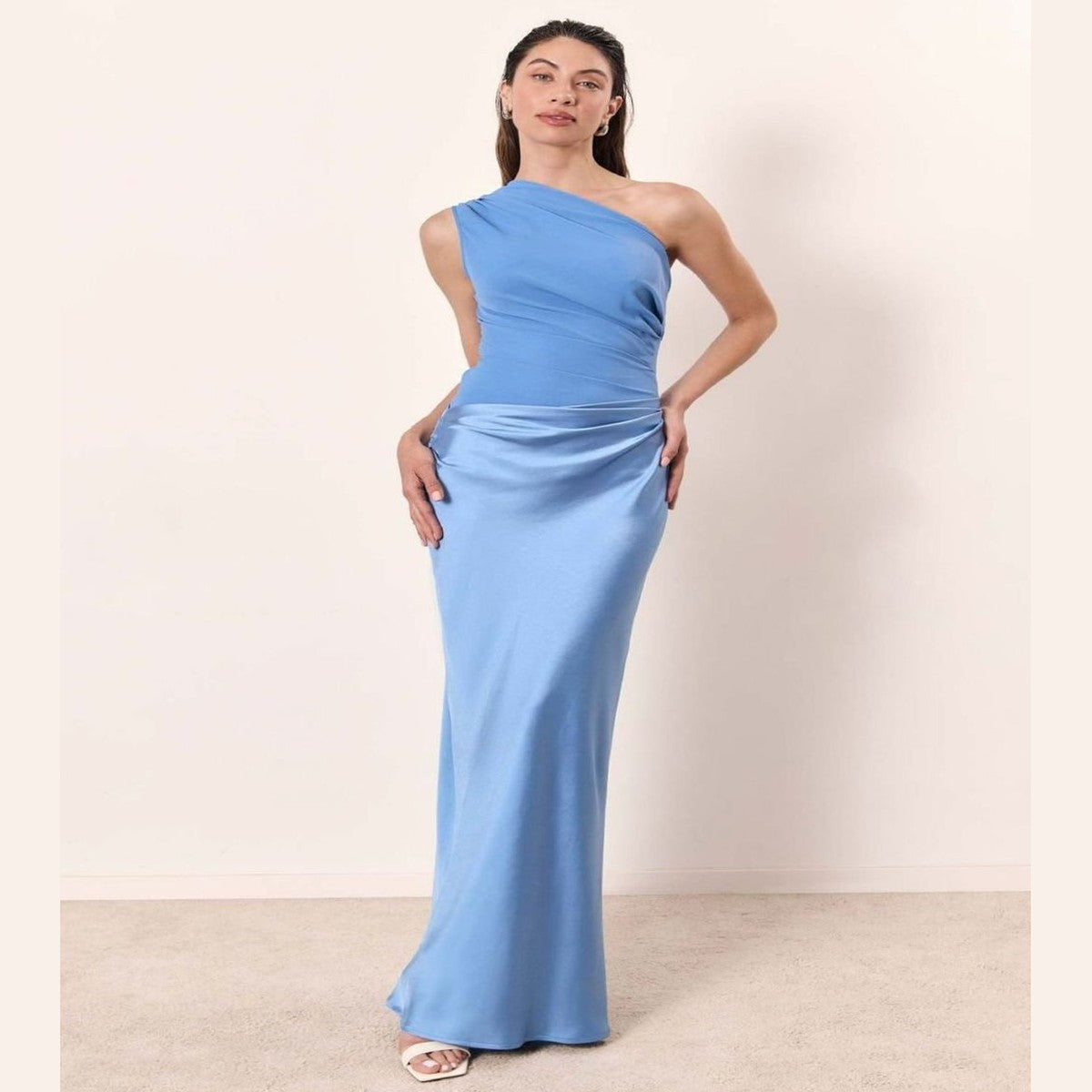 One Shoulder Satin Maxi Dress with Ruched Bodice for Formal Evening Wear