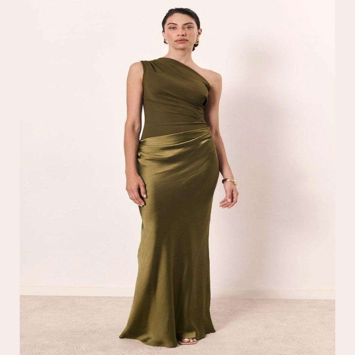 One Shoulder Satin Maxi Dress with Ruched Bodice for Formal Evening Wear