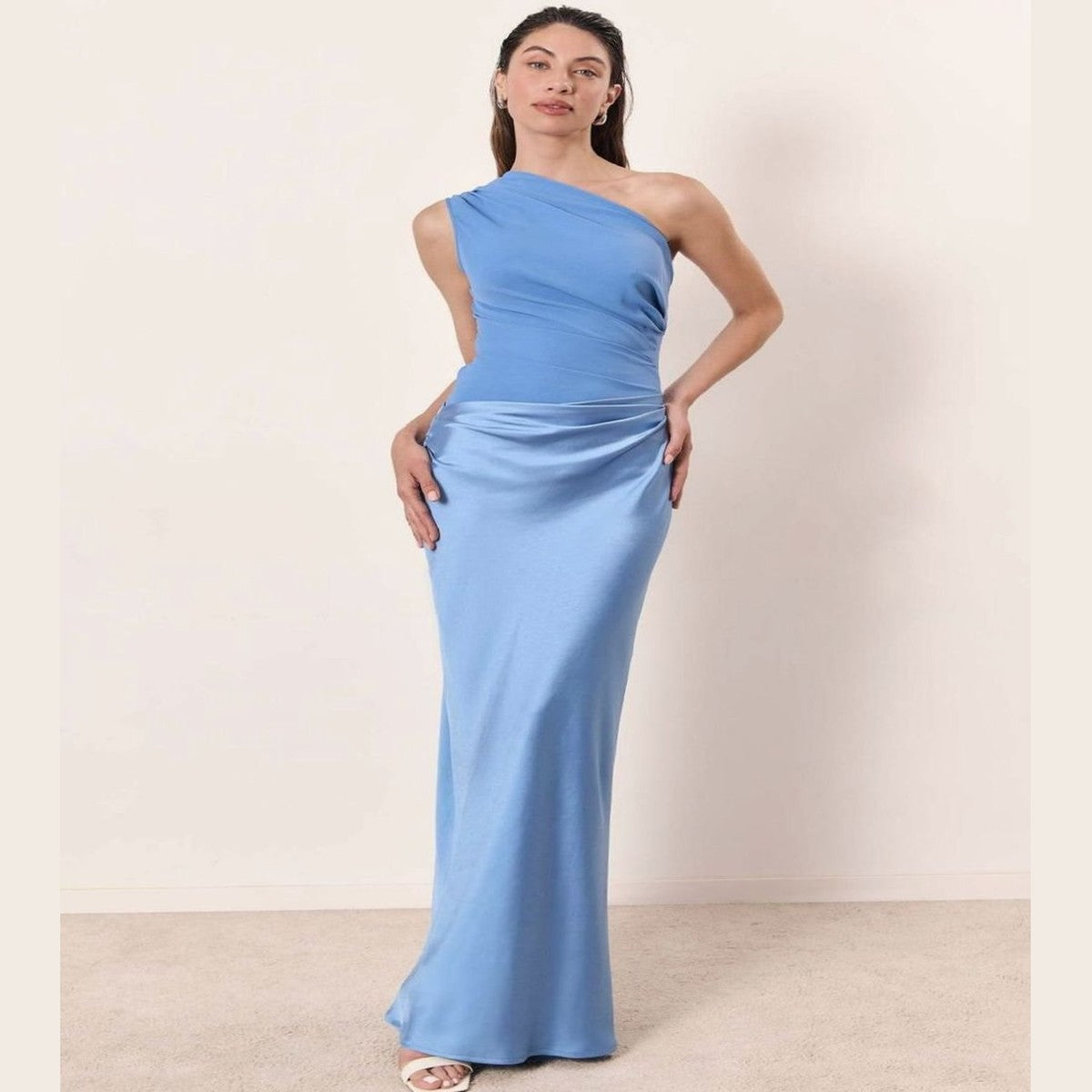 One Shoulder Satin Maxi Dress with Ruched Bodice for Formal Evening Wear