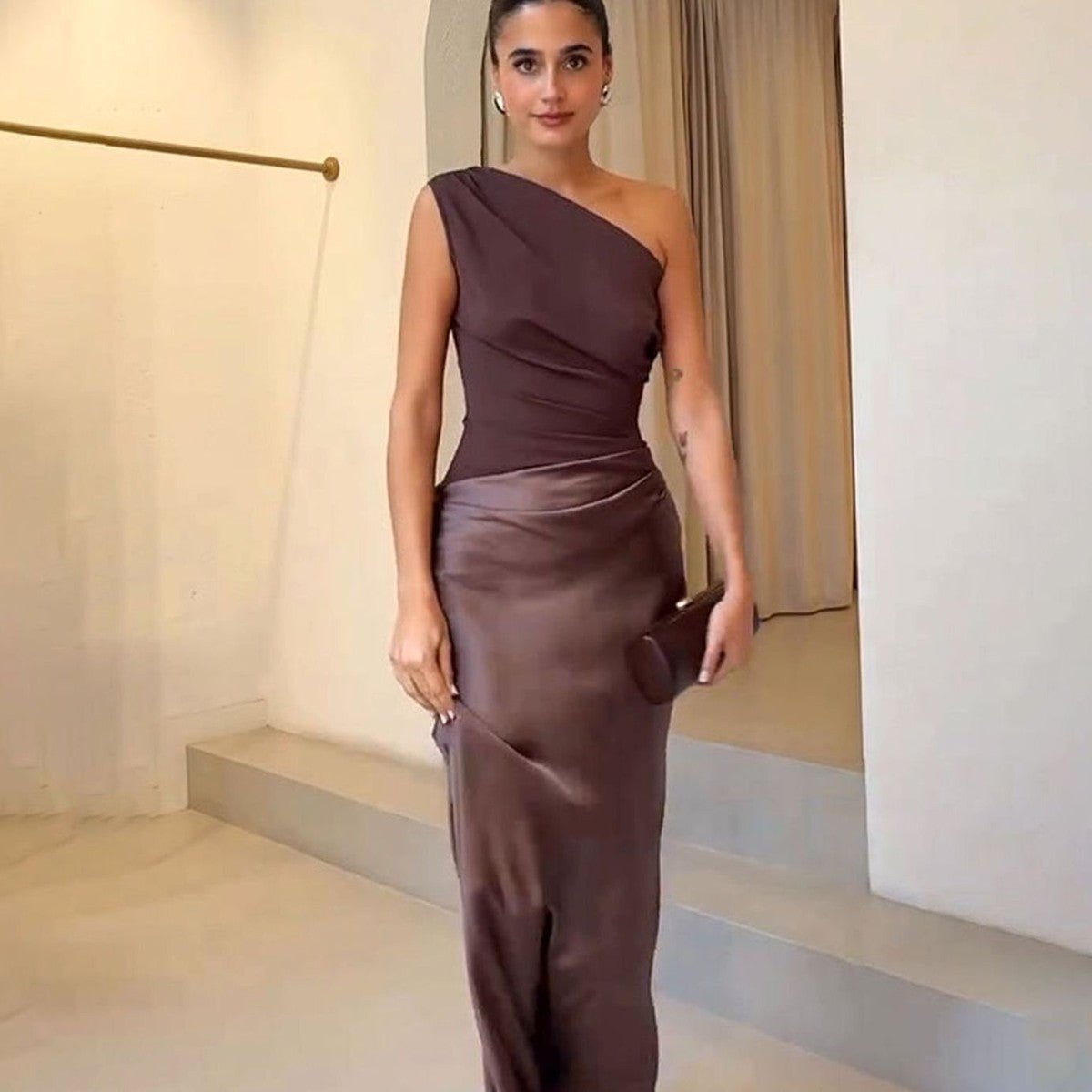 One Shoulder Satin Maxi Dress with Ruched Bodice for Formal Evening Wear