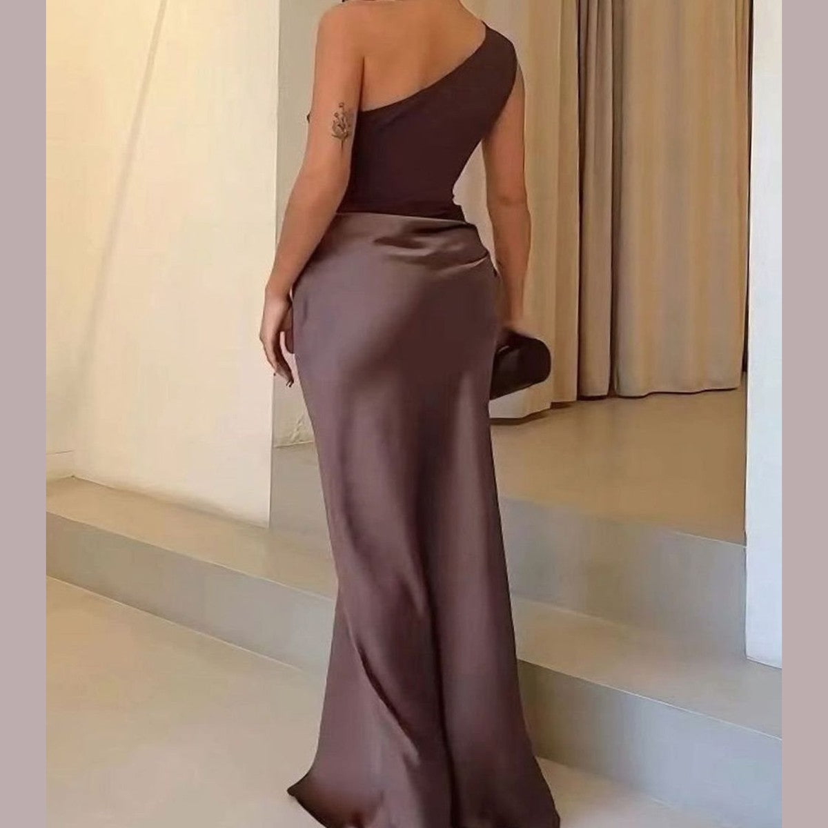 One Shoulder Satin Maxi Dress with Ruched Bodice for Formal Evening Wear