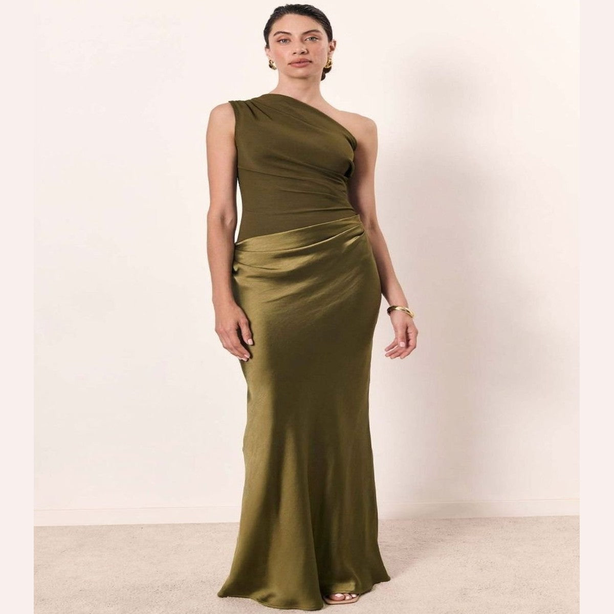 One Shoulder Satin Maxi Dress with Ruched Bodice for Formal Evening Wear