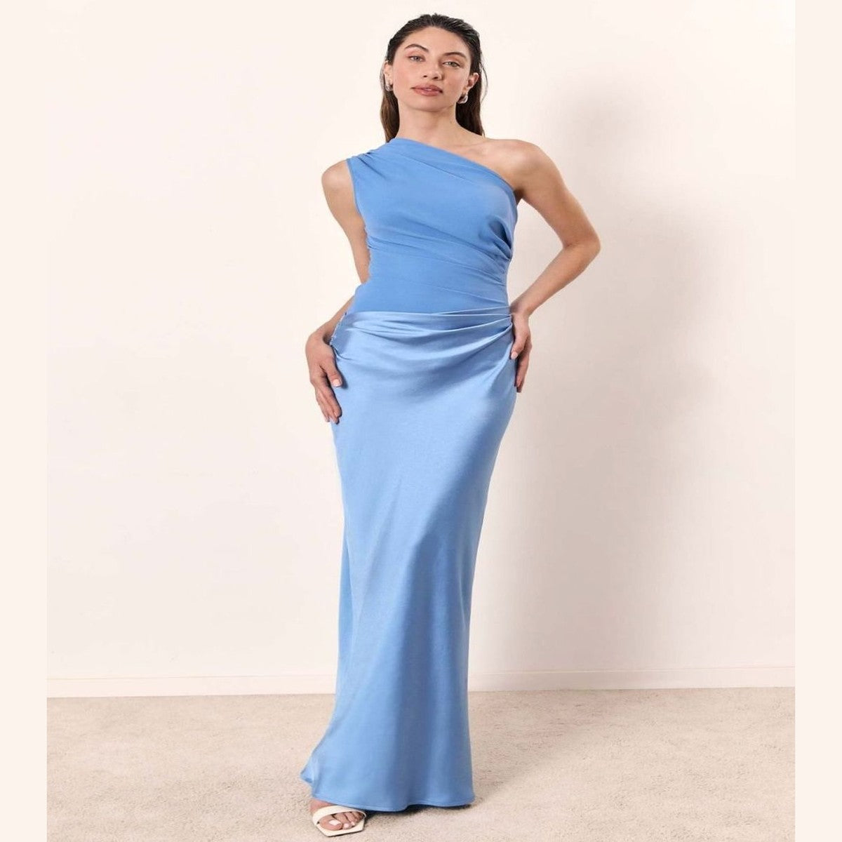 One Shoulder Satin Maxi Dress with Ruched Bodice for Formal Evening Wear