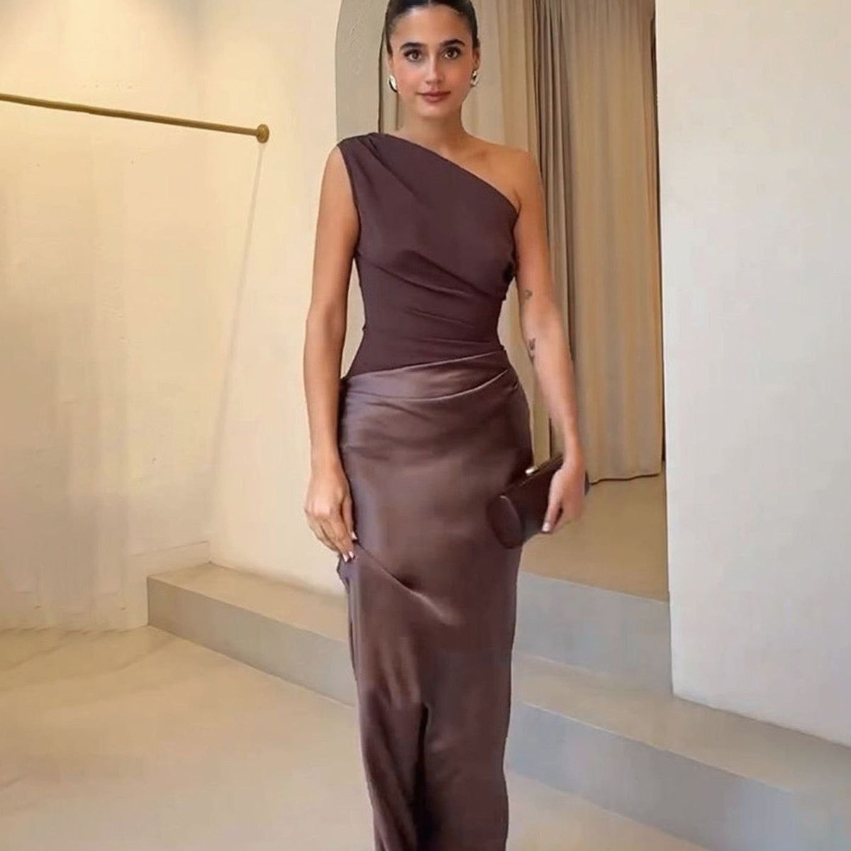 One Shoulder Satin Maxi Dress with Ruched Bodice for Formal Evening Wear