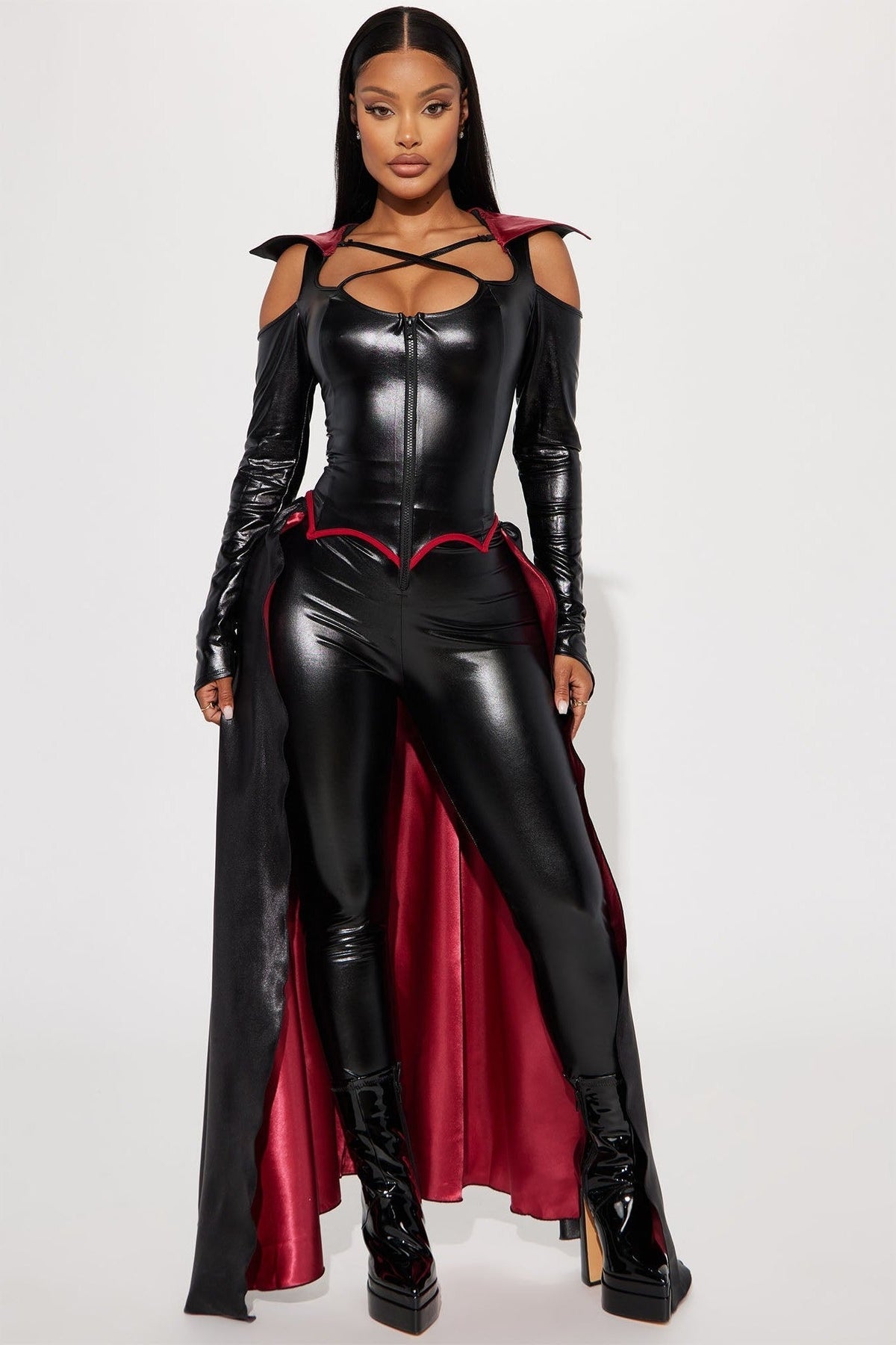 Vampire Bodysuit Costume with Attached Cape and Stand Collar