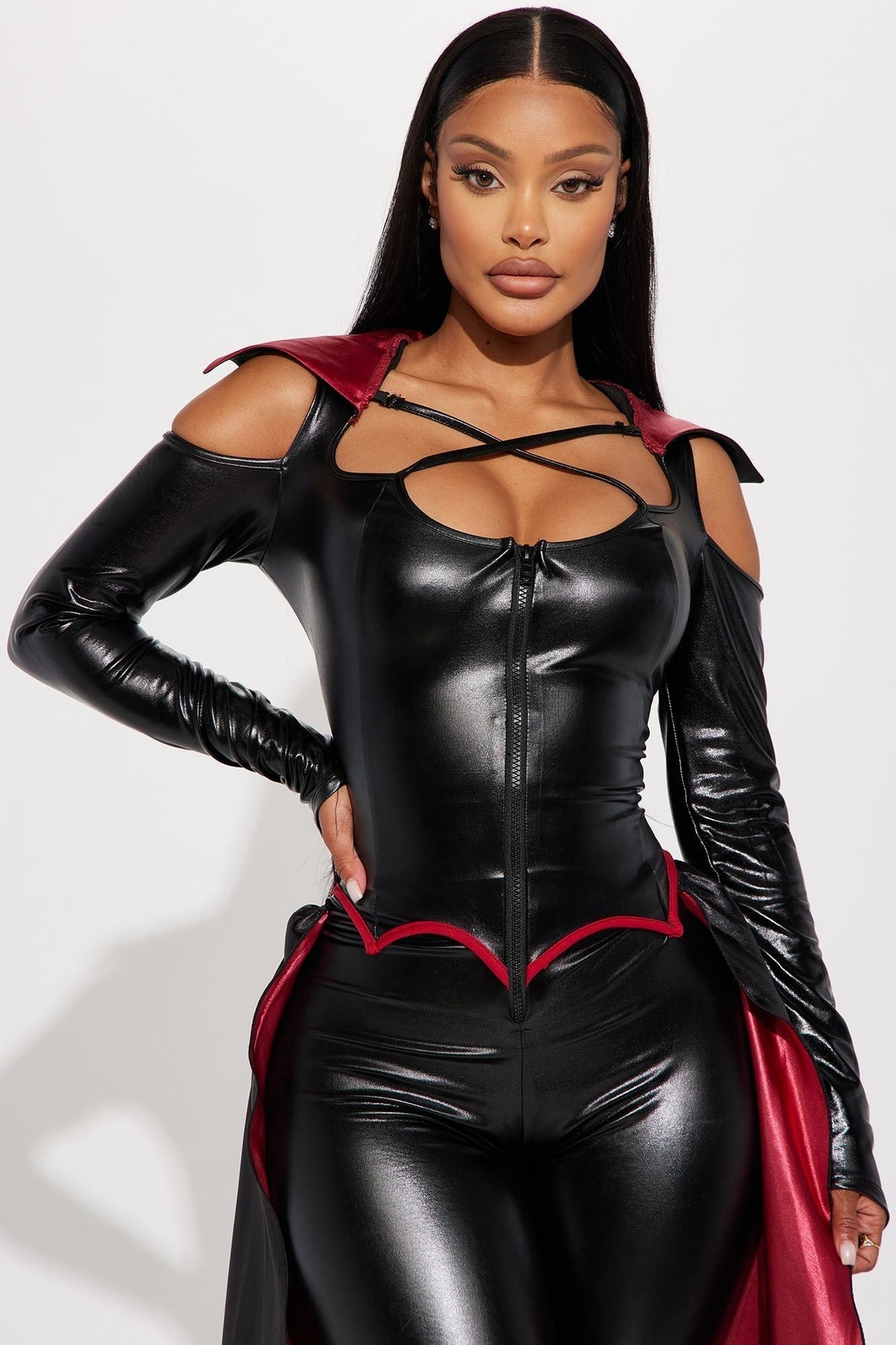 Vampire Bodysuit Costume with Attached Cape and Stand Collar