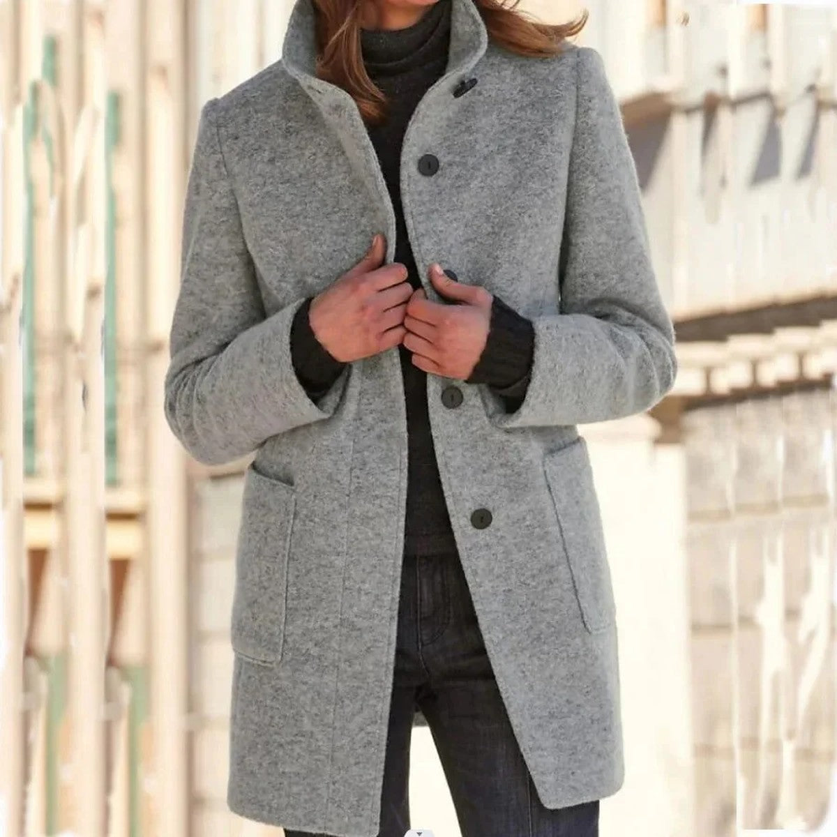 Mid Length Wool Trench Coat with Notch Lapel and Button Front
