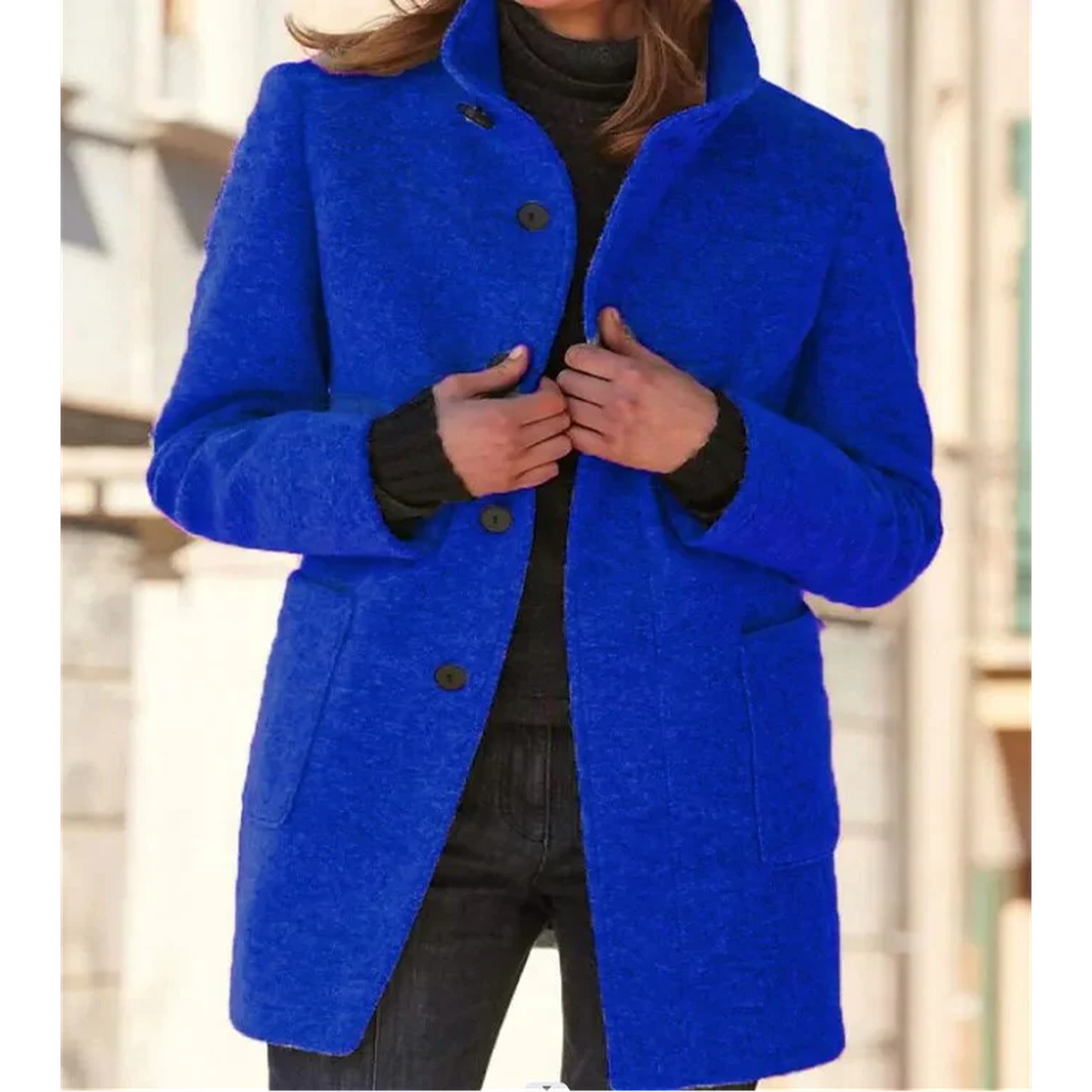 Mid Length Wool Trench Coat with Notch Lapel and Button Front
