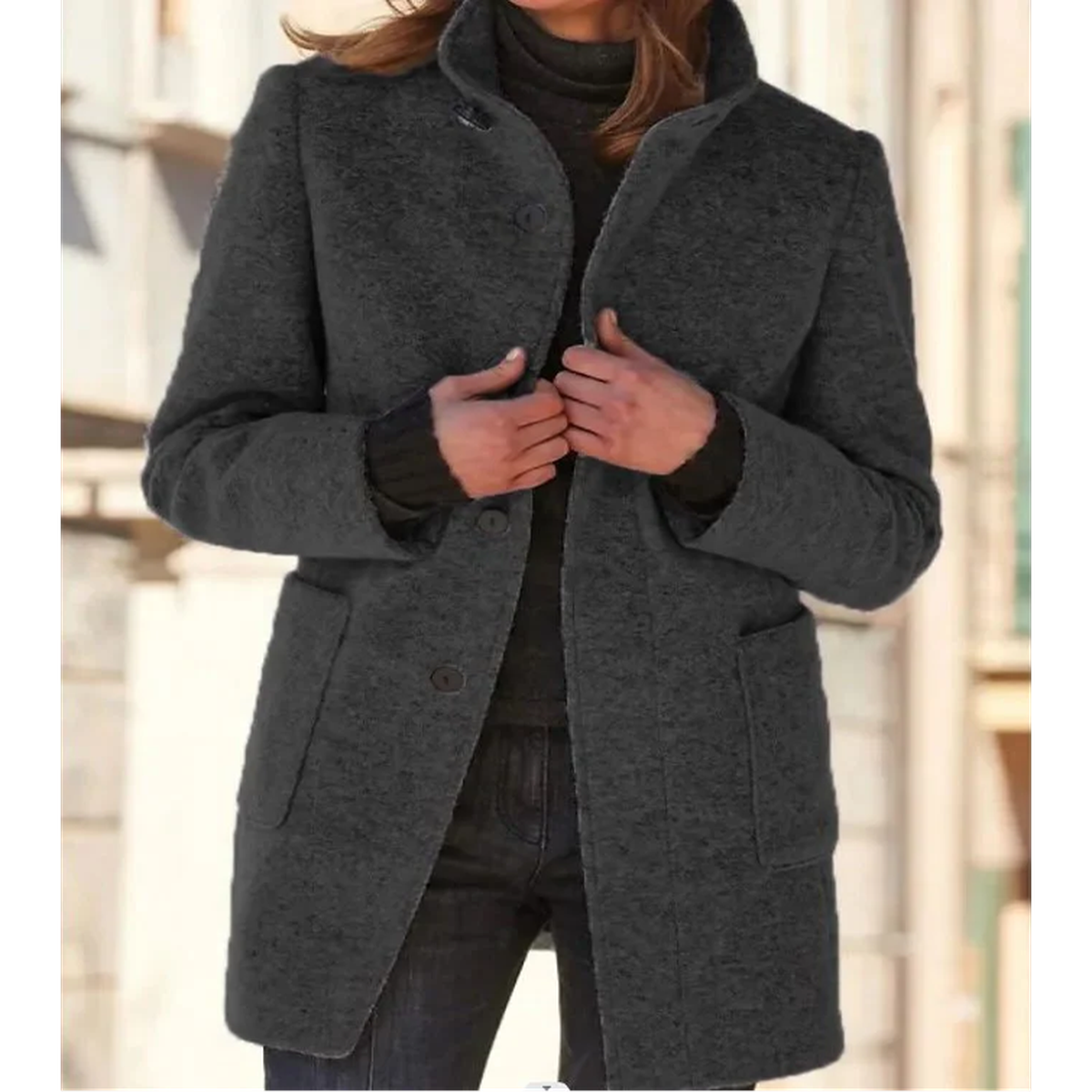 Mid Length Wool Trench Coat with Notch Lapel and Button Front