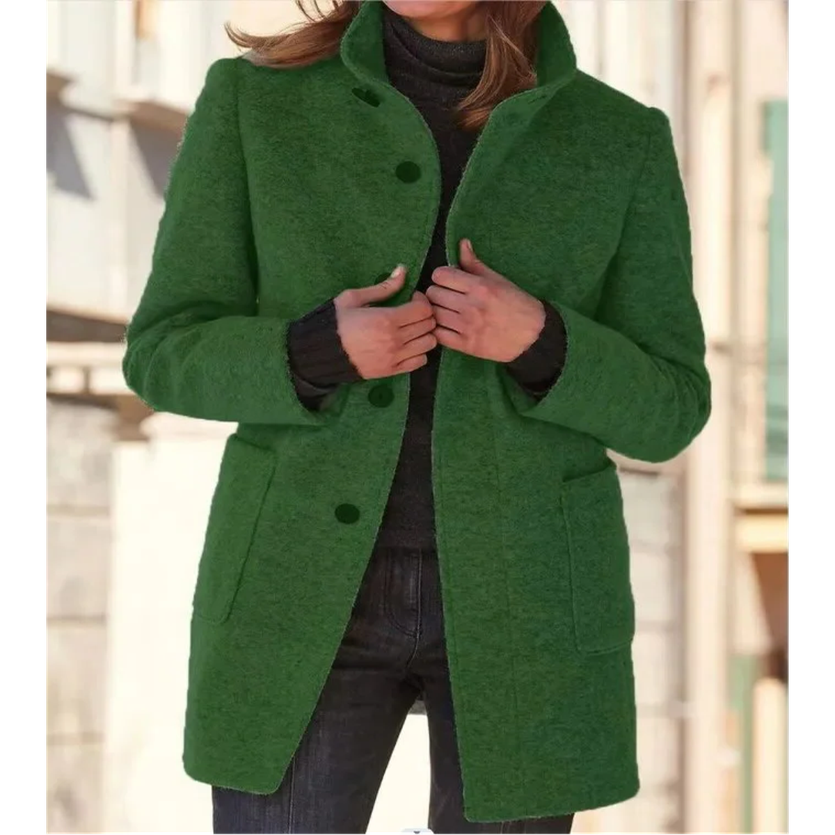 Mid Length Wool Trench Coat with Notch Lapel and Button Front