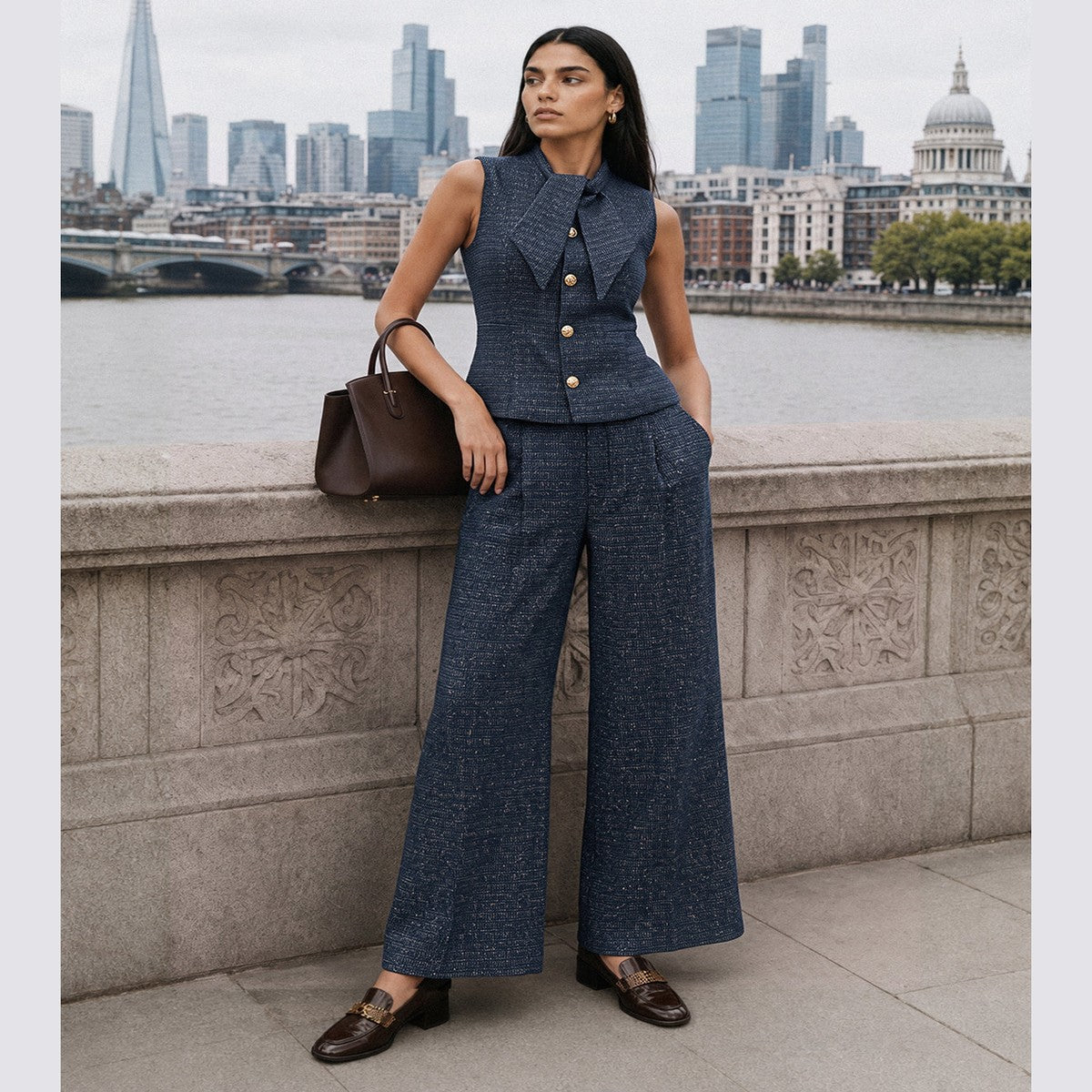 Two Piece Sleeveless Tweed Vest and Straight Leg Trousers Set with Bow Detail