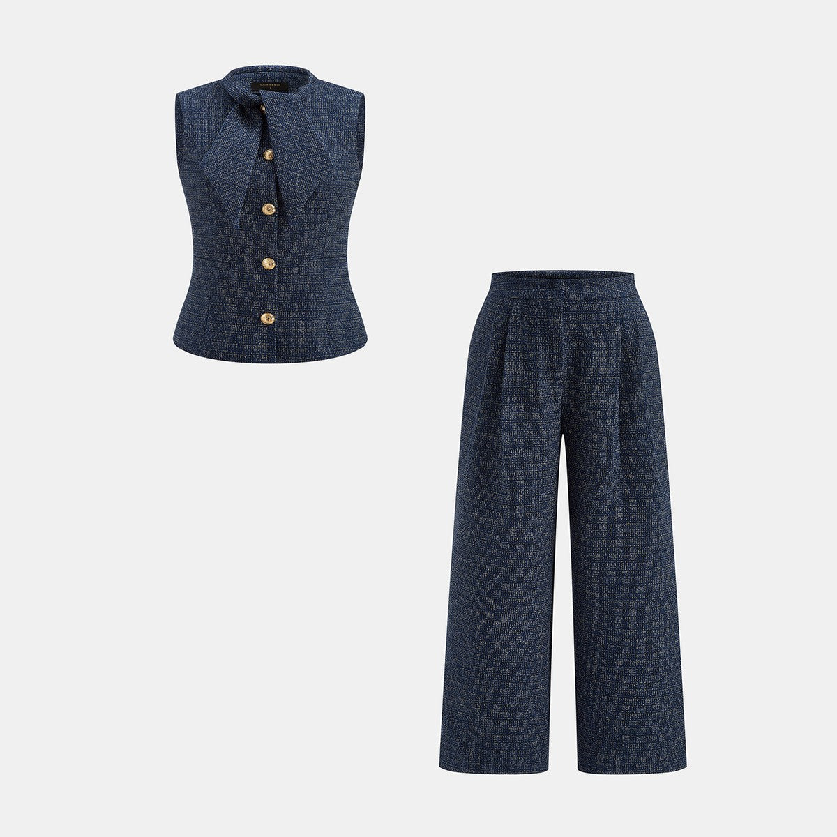 Two Piece Sleeveless Tweed Vest and Straight Leg Trousers Set with Bow Detail
