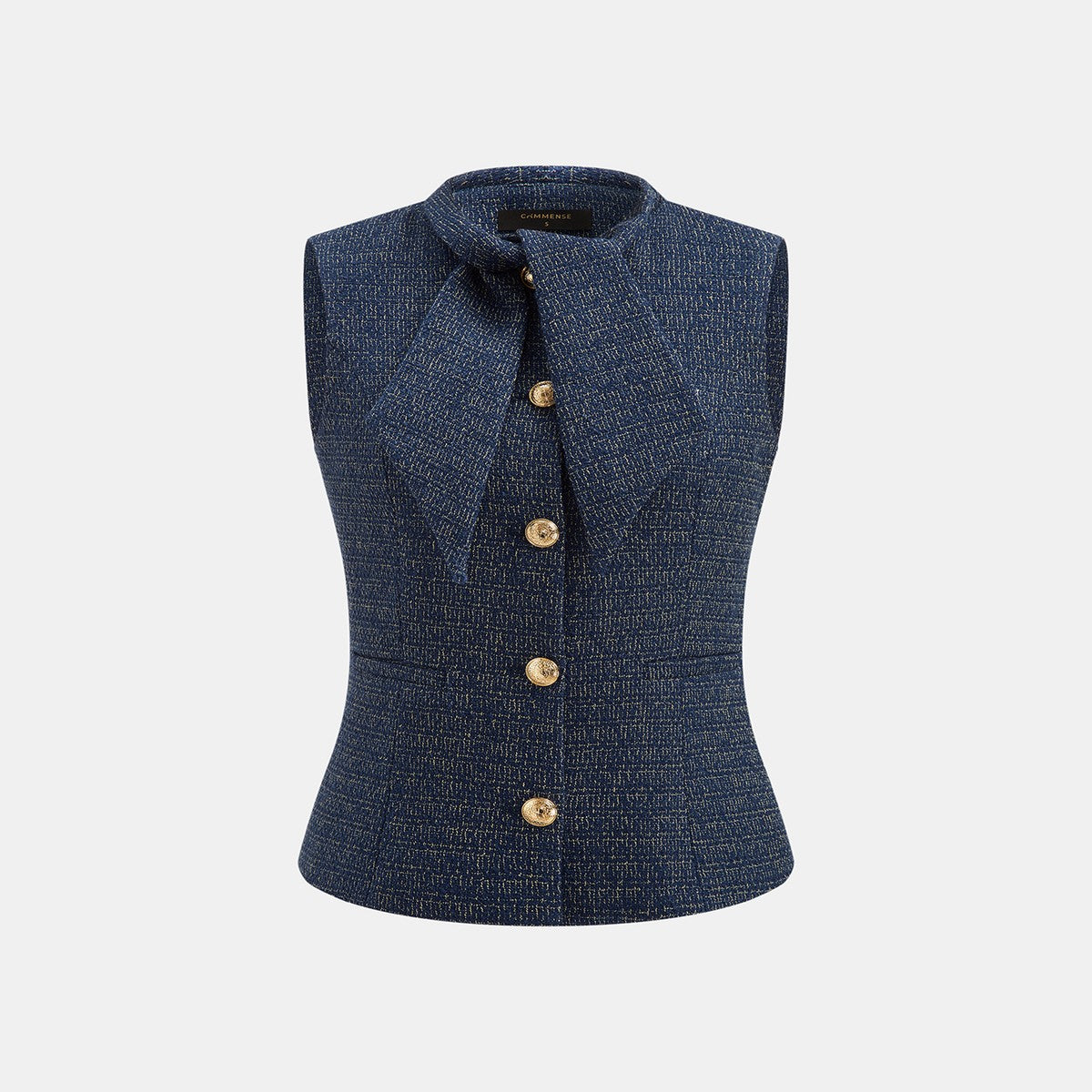 Two Piece Sleeveless Tweed Vest and Straight Leg Trousers Set with Bow Detail