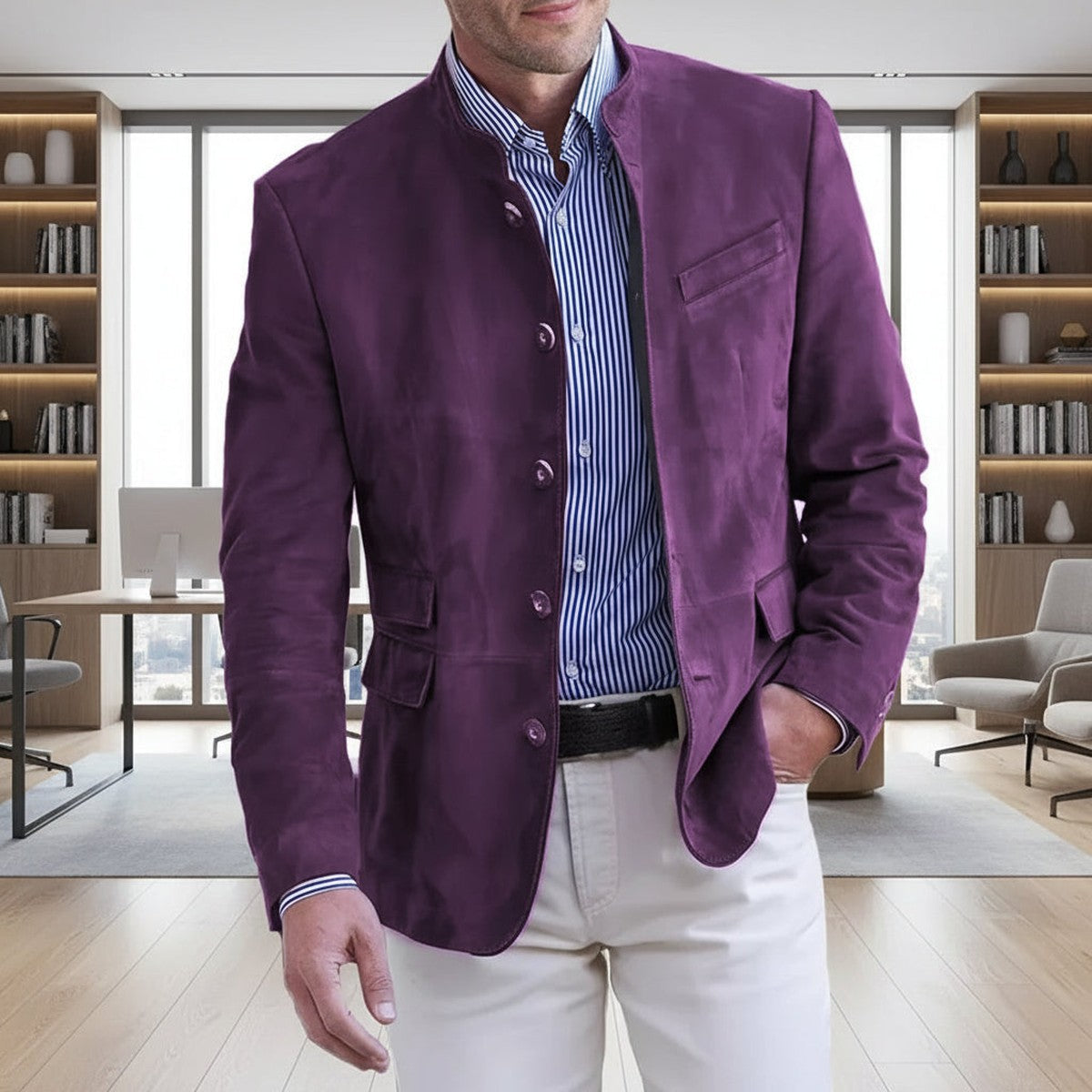 Classic Men Suit Jacket with Two Button Closure and Notch Lapel