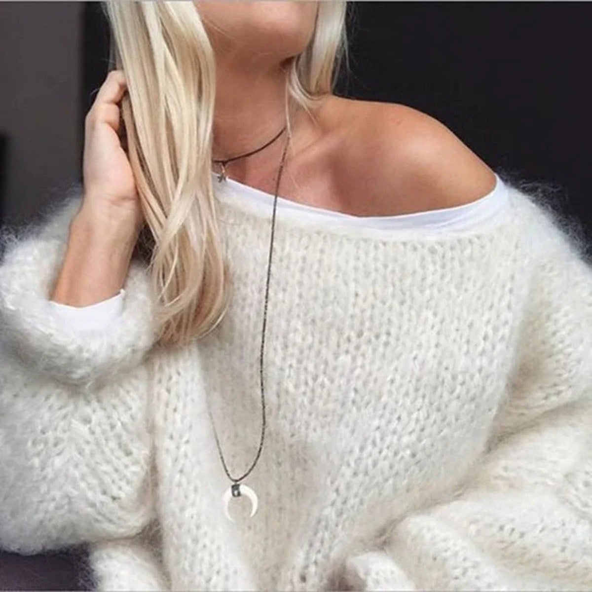 Women Off Shoulder Knitted Pullover Sweater with Slouchy Long Sleeves