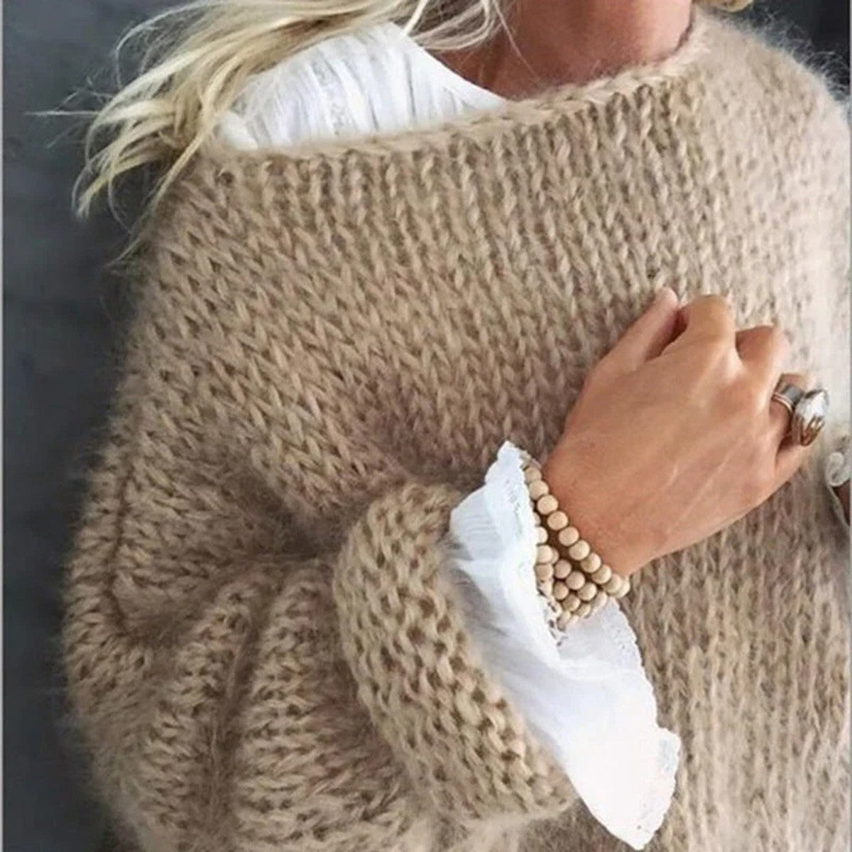 Women Off Shoulder Knitted Pullover Sweater with Slouchy Long Sleeves
