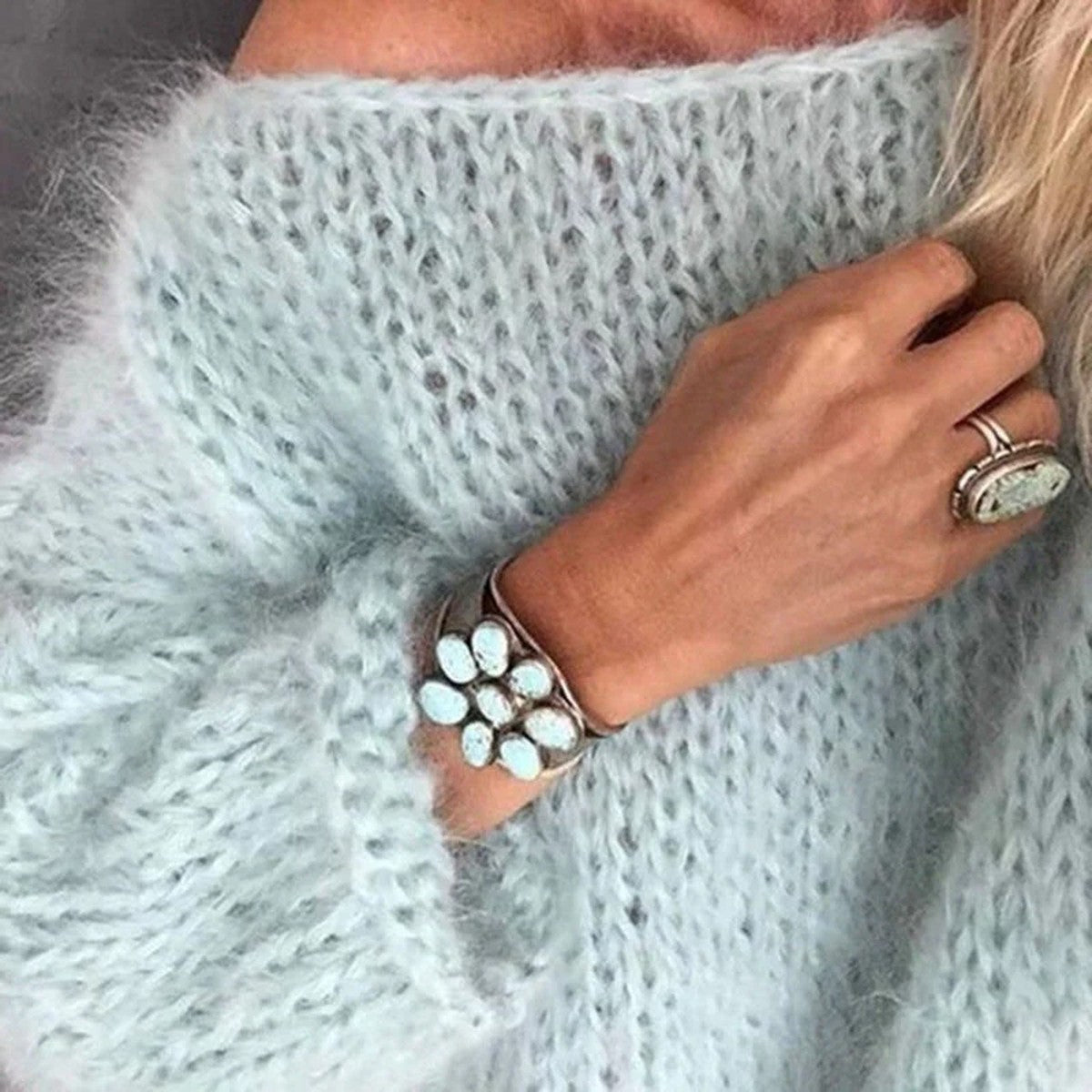 Women Off Shoulder Knitted Pullover Sweater with Slouchy Long Sleeves