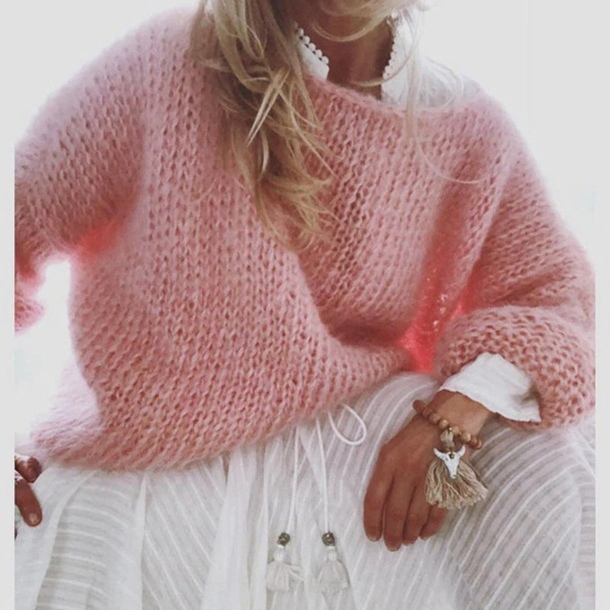 Women Off Shoulder Knitted Pullover Sweater with Slouchy Long Sleeves