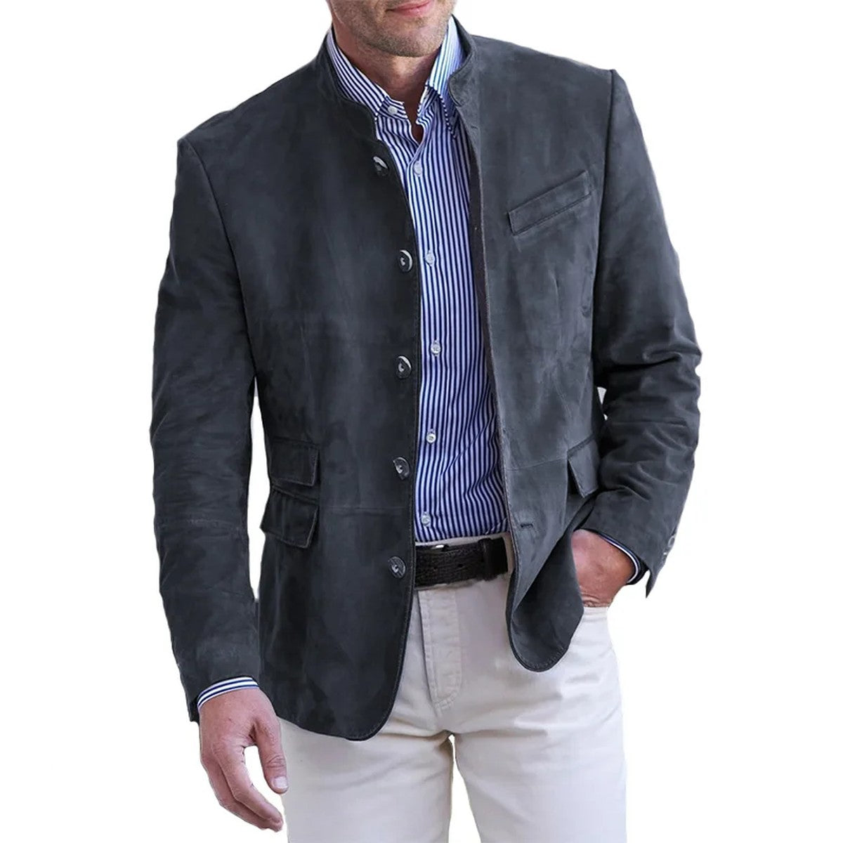 Mens Lightweight Button Down Windbreaker Jacket with Classic Turn Down Collar