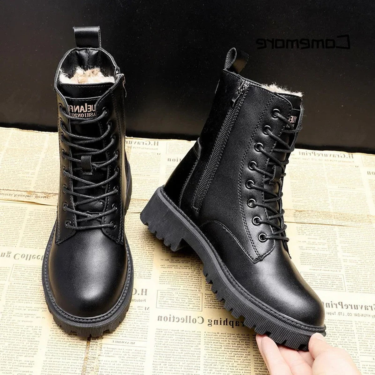 Women Chunky Ankle Boots with Buckle Strap and Warm Fleece Lining