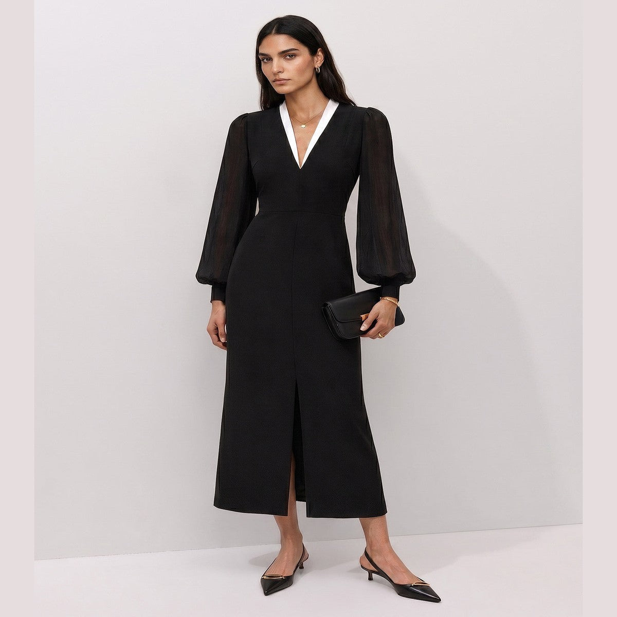 Elegant Black a Line Cocktail Midi Dress with Sheer Mesh Long Sleeves