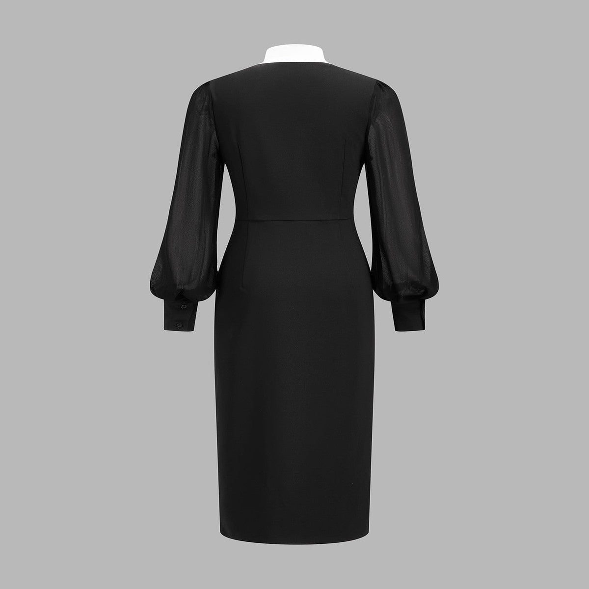 Elegant Black a Line Cocktail Midi Dress with Sheer Mesh Long Sleeves