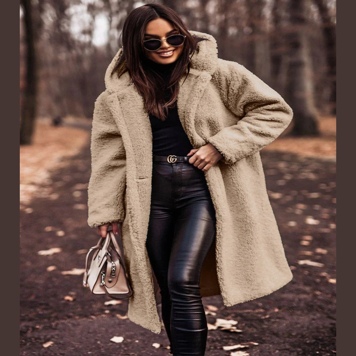 Plush Fleece Longline Hooded Winter Coat with Front Zipper and Deep Pockets