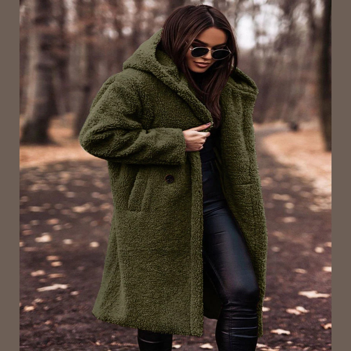 Plush Fleece Longline Hooded Winter Coat with Front Zipper and Deep Pockets
