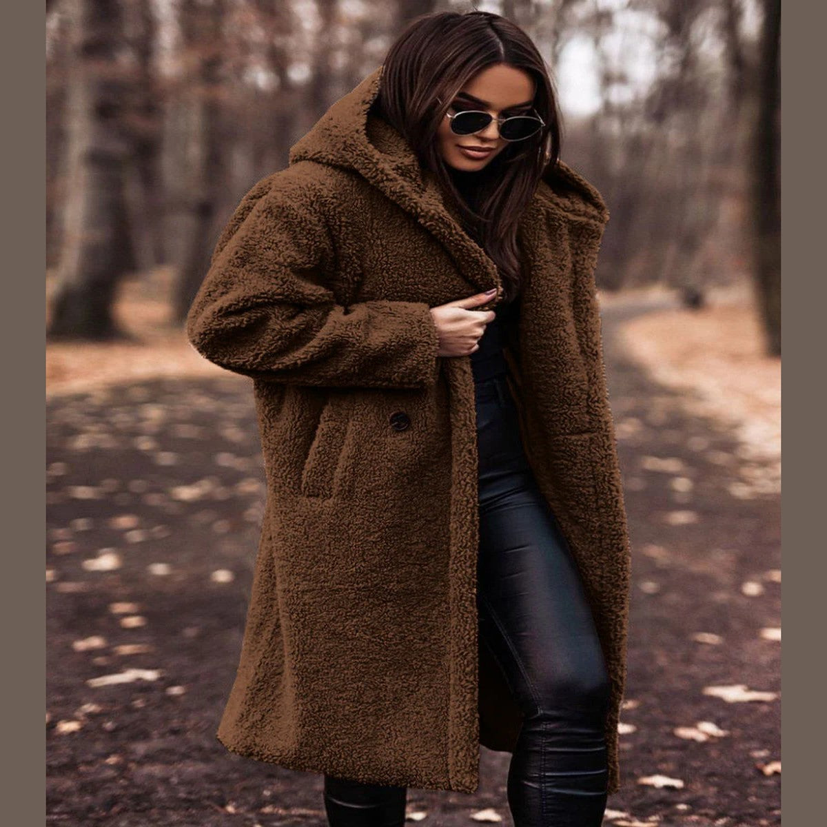 Plush Fleece Longline Hooded Winter Coat with Front Zipper and Deep Pockets