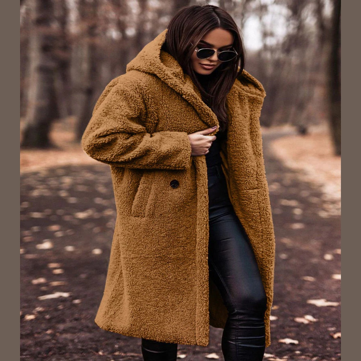 Plush Fleece Longline Hooded Winter Coat with Front Zipper and Deep Pockets