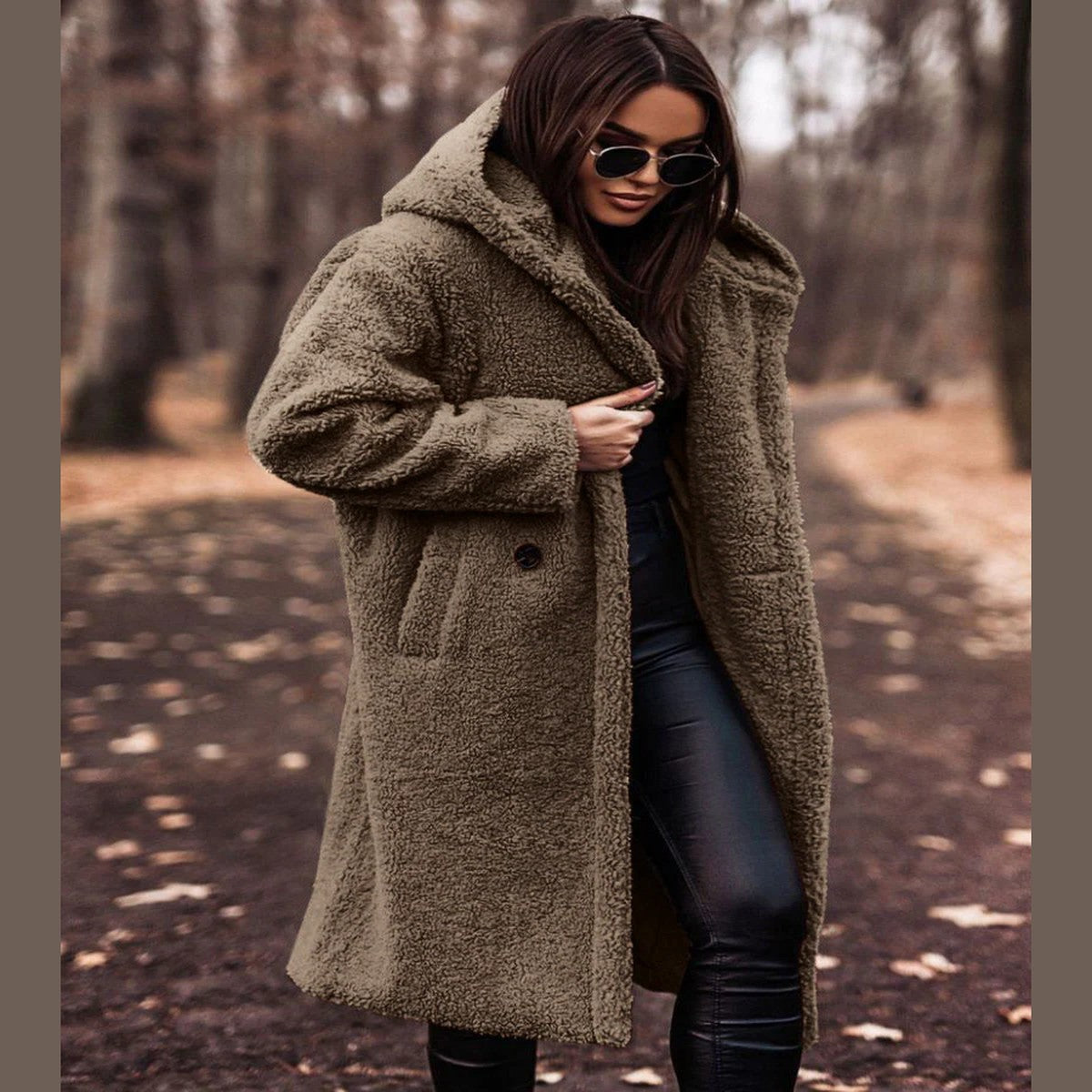 Plush Fleece Longline Hooded Winter Coat with Front Zipper and Deep Pockets